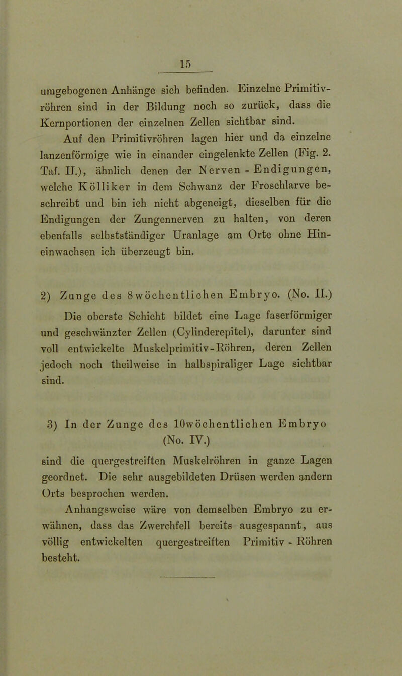 urugebogenen Anhänge sich befinden. Einzelne Primitiv- röhren sind in der Bildung noch so zurück, dass die Kernportionen der einzelnen Zellen sichtbar sind. Auf den Primitivröhren lagen hier und da einzelne lanzenförmige wie in einander eingelenkte Zellen (Fig. 2. Taf. IJ.), ähnlich denen der Nerven - Endigungen, welche K öl liker in dem Schwanz der Froschlarve be- schreibt und bin ich nicht abgeneigt, dieselben für die Endigungen der Zungennerven zu halten, von deren ebenfalls selbstständiger Uranlage am Orte ohne Hin- einwachsen ich überzeugt bin. 2) Zunge des 8wöchentlichen Embryo. (No. II.) Die oberste Schicht bildet eine Lage faserförmiger und geschwänzter Zellen (Cylinderepitel), darunter sind voll entwickelte Muskelprimitiv-Röhren, deren Zellen jedoch noch theilweisc in halbspiraliger Lage sichtbar sind. 3) In der Zunge des lOwöchentlichen Embryo (No. IV.) sind die quergestreiften Muskelröhren in ganze Lagen geordnet. Die sehr ausgebildeten Drüsen werden andern Orts besprochen werden. Anhangsweise wäre von demselben Embryo zu er- wähnen, dass das Zwerchfell bereits ausgespannt, aus völlig entwickelten quergestreiften Primitiv - Röhren besteht.