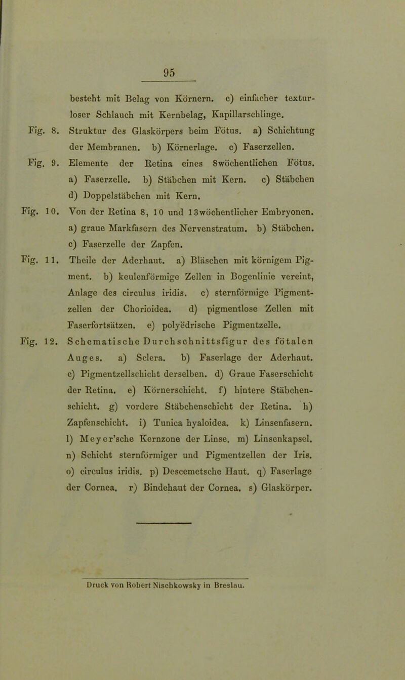 Fig. 9 Fig. 10 Fig. 11 Fig. 1 2 95 besteht mit Belag von Körnern, c) einfacher textur- loser Schlauch mit Kernbelag, Kapillarschlinge. der Membranen, b) Körnerlage, c) Faserzellen. . Elemente der Retina eines 8 wöchentlichen Fötus, a) Faserzelle, b) Stäbchen mit Kern. c) Stäbchen d) Doppelstäbchen mit Kern. . Von der Retina 8, 10 und 13wöchentlicher Embryonen, a) graue Markfasern des Nervenstratum. b) Stäbchen, c) Faserzelle der Zapfen. . Theile der Aderhaut, a) Bläschen mit körnigem Pig- ment. b) keulenförmige Zellen in Bogenlinie vereint, Anlage des circulus iridis. c) sternförmige Pigment- zellen der Chorioidea. d) pigmentlose Zellen mit Faserfortsätzen, e) polyedrische Pigmentzelle. . Schematische Durchschnittsfigur des fötalen Auges. a) Sclera. b) Faserlage der Aderhaut, c) Pigmentzellschicht derselben, d) Graue Faserschicht der Retina, e) Körnerschicht, f) hintere Stäbchen- schicht. g) vordere Stäbchenschicht der Retina, h) Zapfenschicht, i) Tunica hyaloidea. k) Linsenfasern. 1) Meyer’sche Kernzone der Linse, m) Linsenkapsel. n) Schicht sternförmiger und Pigmentzellen der Iris. o) circulus iridis, p) Descemetsche Haut, q) Faserlage der Cornea, r) Bindehaut der Cornea, s) Glaskörper. Druck von Robert Nischkowsky in Breslau.