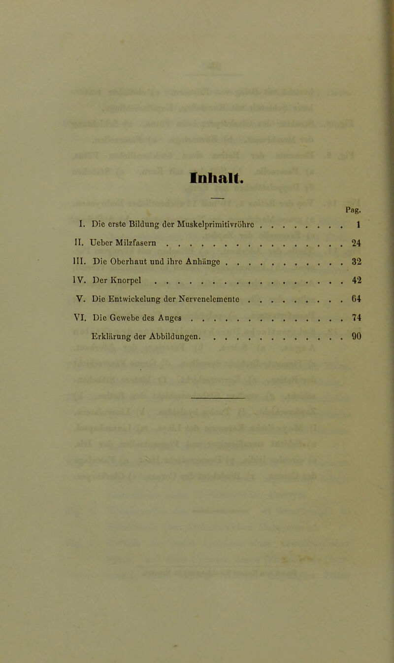 Inhalt. Pag. I. Die erste Bildung der Muskelprimitivrührc 1 II. Ueber Milzfasern 24 III. Die Oberhaut und ihre Anhänge 32 IV. Der Knorpel 42 V. Die Entwickelung der Nervenelcmcnto G4 VI. Die Gewebe des Auges 74 Erklärung der Abbildungen 90