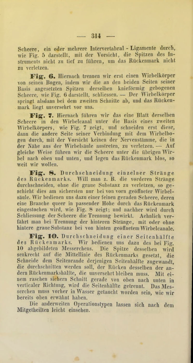 Scheerc, ein oder mehrere In lcrvertabral - Ligamente durcTi, wie Fig. 5 darstellt, mit der Vorsicht, die Spitzen des In- struments nicht zu tief zu führen, um das Rückenmark nicht zu verletzen. Fig. 6. Hiernach trennen wir erst einen Wirbelkörper von seinen Bogen, indem wir die an den beiden Seilen seiner Basis angesetzten Spitzen derselben knieförmig gebogenen Scheere, wie Fig. 6 darstellt, schliesscn. — Der Wirbelkörper springt alsdann bei dem zweiten Schnitte ab, und das Rücken- mark liegt unversehrt vor uns. Fig'. 7. Hiernach führen wir das eine Blatt derselben Scheere in den Wirbelcanal unter die Basis eines zweiten Wirbelkörpers, wie Fig. 7 zeigt, und schneiden erst diese, dann die andere Seile seiner Verbindung mit dem Wirbelbo- gen durch, mit der Vorsicht keinen der Nervenstämme, die in der Nahe aus der Wirbelsäule austreten, zu verletzen. — Auf gleiche Weise führen wir die Scheere unter die übrigen Wir- bel nach oben und unten, und legen das Rückenmark blos, so weit wir wollen. Fig*. 8. Durchschneidung einzelner Stränge des Rückenmarks. Will man z. B. die vorderen Stränge durchschneiden, ohne die graue Substanz zu verletzen, so ge- schieht dies am sichersten nur bei von vorn geöffneter Wirbel- säule. Wir bedienen uns dazu einer feinen geraden Scheere, deren eine Branche queer in passender Höhe durch das Rückenmark eingestochen wird, wie Fig. 8 zeigt; und nachher wird durch Schliessung der Scheere die Trennung bewirkt. Aehnlich ver- fährt man bei Trennung der hin leren Stränge, mit oder ohne hinlere graue Substanz bei von hinten geöffnetem VVirbelcanale. Fig. lO. Durchschneidung einer Seitenhälfle des Rückenmarks. Wir bedienen uns dazu des bei Fig. 10 abgebildeten Messerchens. Die Spitze desselben wird senkrecht auf die Mittellinie des Rückenmarks gesetzt, die Schneide dem Seilenrande derjenigen Seitenhälfte zugewandt, die durchschnitten werden soll, der Rücken desselben der an- dern Rückenmarkshälite, die unversehrt bleiben muss. Mit ei- nem raschen sichern Schnitt gerade von oben nach unten in verticaler Richtung, wird die Seitenhälfle gelrennt. Das Mes- serchen muss vorher in Wasser gelaucht worden sein, wie wir bereils oben erwähnt haben. Die anderweilen Operationstypen lassen sich nach dem Mitgelheillen leicht einsehen.