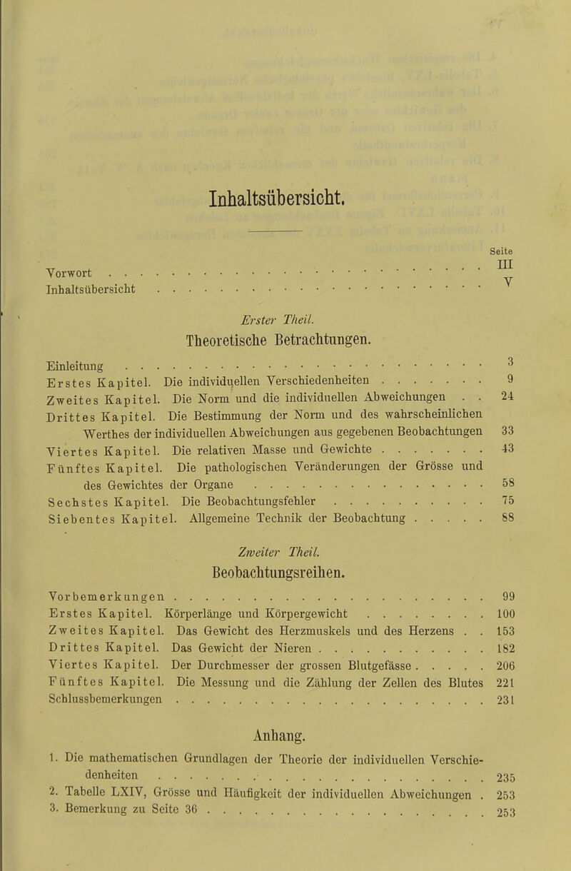 Inhaltsübersicht. Seite . III Vorwort Inhaltsübersicht Erster Theil. Theoretische Betrachtungen. Einleitung * Erstes Kapitel. Die individuellen Verschiedenheiten 9 Zweites Kapitel. Die Norm und die individuellen Abweichungen . . 24 Drittes Kapitel. Die Bestimmung der Norm und des wahrscheinlichen Werthes der individuellen Abweichungen aus gegebenen Beobachtungen 33 Viertes Kapitel. Die relativen Masse und Gewichte 43 Fünftes Kapitel. Die pathologischen Veränderungen der Grösse und des Gewichtes der Organe 58 Sechstes Kapitel. Die Beobachtungsfehler 75 Siebentes Kapitel. Allgemeine Technik der Beobachtung 88 Zweiter Theil. Beobachtungsreihen. Vorbemerkungen 99 Erstes Kapitel. Körperlänge und Körpergewicht 100 Zweites Kapitel. Das Gewicht des Herzmuskels und des Herzens . . 153 Drittes Kapitel. Das Gewicht der Nieren 182 Viertes Kapitel. Der Durchmesser der grossen Blutgefässe 206 Fünftes Kapitel. Die Messung und die Zählung der Zellen des Blutes 221 Schlussbemerkungen 231 Anhang. 1. Die mathematischen Grundlagen der Theorie der individuellen Verschie- denheiten 235 2. Tabelle LXIV, Grösse und Häufigkeit der individuellen Abweichungen . 253 3. Bemerkung zu Seite 36 253