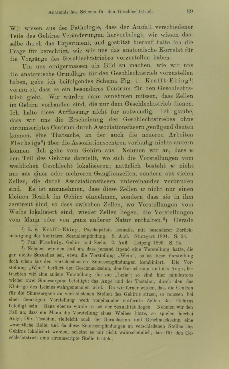 Wir wissen aus der Pathologie, dass der Ausfall verschiedener Teile des Gehirns Veränderungen hervorbringt; wir wissen das- selbe durch das Experiment, und gestützt hierauf halte ich die Frage für berechtigt, wie wir uns das anatomische Korrelat für die Vorgänge des Geschlechtstriebos vorzustellen haben. Um uns einigermassen ein Bild zu machen, wie wir uns die anatomische Grundlage für den Geschlechtstrieb vorzustellen haben, gebe ich beifolgendes Schema Fig. 1. Krafft-Ebing1) vermutet, dass es ein besonderes Centrum für den Geschlechts- trieb giebt. Wir würden dann annehmen müssen, dass Zellen im Gehirn vorhanden sind, die nur dem Geschlechtstrieb dienen. Ich halte diese Auffassung nicht für notwendig. Ich glaube, dass wir uns die Erscheinung des Geschlechtstriebes ohne circumscriptes Centrum durch Assoziationsfasern genügend deuten können, eine Thatsache, an der auch die neueren Arbeiten Flechsigs2) über die Assoziationscentren vorläufig nichts ändern können. Ich gehe vom Gehirn aus. Nehmen wir an, dass w den Teil des Gehirns darstellt, wo sich die Vorstellungen vom weiblichen Geschlecht lokalisieren; natürlich besteht w nicht nur aus einer oder mehreren Ganglienzellen, sondern aus vielen Zellen, die durch Assoziationsfasern untereinander verbunden sind. Es ist anzunehmen, dass diese Zellen w nicht nur einen kleinen Bezirk im Gehirn einnehmen, sondern dass sie in ihm zerstreut sind, so dass zwischen Zellen, wo Vorstellungen vom Weibe lokalisiert sind, wieder Zellen liegen, die Vorstellungen vom Mann oder von ganz anderer Natur enthalten.3) Gerade x) R. v. Krafft-Ebing, Psychopathia sexualis, mit besonderer Berück- sichtigung der konträren Sexualempfindung. 9. Anti. Stuttgart 1S94. S. 24. 2) Paul Flechsig, Gehirn und Seele. 2. Aufi. Leipzig 189ß. S. 24. 3) Nehmen wir den Fall an, dass jemand irgend eine Vorstellung hatte, die gar nichts Sexuelles sei, etwa die Vorstellung „Wein“, so ist diese Vorstellung doch schon aus den verschiedensten Sinnesempfindungen kombiniert. Die Vor- stellung „Wein“ berührt den Geschmackssinn, den Geruchssinn und das Auge; be- trachten wir eine andere Vorstellung, die von „Leim“; so sind hier mindestens wieder zwei Sinnesorgane beteiligt: das Auge und der Tastsinn, durch den das Klebrige des Leimes wahrgenommen wird. Da wir ferner wissen, dass die Centren tür die Sinnesorgane an verschiedenen Stellen des Gehirns sitzen, so müssen bei einer derartigen Vorstellung weit voneinander entfernte Zellen des Gehirns beteiligt sein. Ganz ebenso würde es bei der Sexualität liegen. Nehmen wir den Fall an, dass ein Mann die Vorstellung eines Weibes hätte, so spielen hierbei Auge, Ohr, Tastsinn, vielleicht auch der Geruchssinn und Geschmackssinn eine wesentliche Rolle, und da diese Sinnesempfindungon an verschiedenen Stellen des Gehirns lokalisiert werden, scheint es mir nicht wahrscheinlich, dass für den Gc- schlechtstrieb eine circumscripte Stelle besteht.
