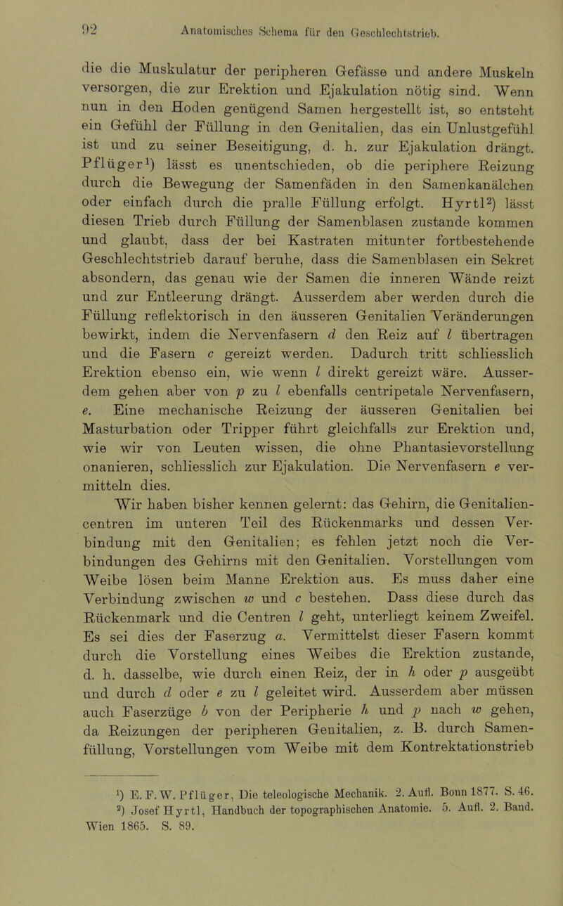 die die Muskulatur der peripheren Gefässe und andere Muskeln versorgen, die zur Erektion und Ejakulation nötig sind. Wenn nun in den Hoden genügend Samen hergestellt ist, so entsteht ein Gefühl der Füllung in den Genitalien, das ein Unlustgefühl ist und zu seiner Beseitigung, d. h. zur Ejakulation drängt. Pflüger1) lässt es unentschieden, ob die periphere Reizung durch die Bewegung der Samenfäden in den Samenkanälchen oder einfach durch die pralle Füllung erfolgt. Hyrtl2) lässt diesen Trieb durch Füllung der Samenblasen zustande kommen und glaubt, dass der bei Kastraten mitunter fortbestehende Geschlechtstrieb darauf beruhe, dass die Samenblasen ein Sekret absondern, das genau wie der Samen die inneren Wände reizt und zur Entleerung drängt. Ausserdem aber werden durch die Füllung reflektorisch in den äusseren Genitalien Veränderungen bewirkt, indem die Nervenfasern d den Reiz auf l übertragen und die Fasern c gereizt werden. Dadurch tritt schliesslich Erektion ebenso ein, wie wenn l direkt gereizt wäre. Ausser- dem gehen aber von p zu l ebenfalls centripetale Nervenfasern, <?. Eine mechanische Reizung der äusseren Genitalien bei Masturbation oder Tripper führt gleichfalls zur Erektion und, wie wir von Leuten wissen, die ohne Phantasievorstellung onanieren, schliesslich zur Ejakulation. Die Nervenfasern e ver- mitteln dies. Wir haben bisher kennen gelernt: das Gehirn, die Genitalien- centren im unteren Teil des Rückenmarks und dessen Ver- bindung mit den Genitalien; es fehlen jetzt noch die Ver- bindungen des Gehirns mit den Genitalien. Vorstellungen vom Weibe lösen beim Manne Erektion aus. Es muss daher eine Verbindung zwischen w und c bestehen. Dass diese durch das Rückenmark und die Centren l geht, unterliegt keinem Zweifel. Es sei dies der Faserzug a. Vermittelst dieser Fasern kommt durch die Vorstellung eines Weibes die Erektion zustande, d. h. dasselbe, wie durch einen Reiz, der in h oder p ausgeübt und durch cl oder e zu l geleitet wird. Ausserdem aber müssen auch Faserzüge b von der Peripherie h und p nach w gehen, da Reizungen der peripheren Genitalien, z. B. durch Samen- füllung, Vorstellungen vom Weibe mit dem Kontrektationstrieb 9 E. F.W. Pflüger, Die teleologische Mechanik. 2.Aufl. Bonn 1877. S. 46. 2) Josef Hyrtl, Handbuch der topographischen Anatomie. 5. Aufl. 2. Band. Wien 1865. S. 89.