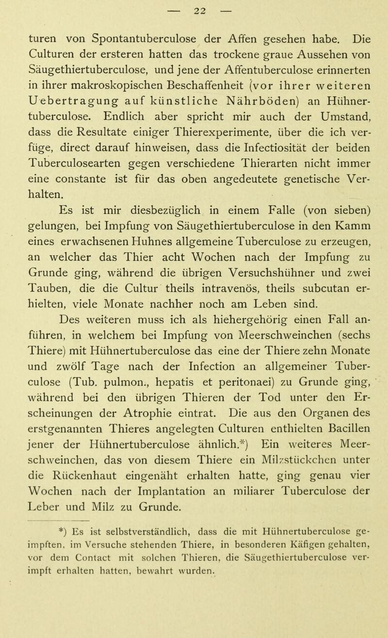 turen von Spontantuberculose der AfYen gesehen habe. Die Culturen der ersteren hatten das trockene graue Aussehen von Säugethiertuberculose, und jene der Affentuberculose erinnerten in ihrer makroskopischen Beschaffenheit (vor ihrer weiteren Uebertragung auf künstliche Nährböden) an Hühner- tuberculose. Endhch aber spricht mir auch der Umstand, dass die Resultate einiger Thierexperimente, über die ich ver- füge, direct darauf hinweisen, dass die Infectiosität der beiden Tuberculosearten gegen verschiedene Thierarten nicht immer eine constante ist für das oben angedeutete genetische Ver- halten. Es ist mir diesbezüglich in einem Falle (von sieben) gelungen, bei Impfung von Säugethiertuberculose in den Kamm eines erwachsenen Huhnes allgemeine Tuberculose zu erzeugen, an welcher das Thier acht Wochen nach der Impfung zu Grunde ging, während die übrigen Versuchshühner und zwei Tauben, die die Cultur theils intravenös, theils subcutan er- hielten, viele Monate nachher noch am Leben sind. Des weiteren muss ich als hiehergehörig einen Fall an- führen, in welchem bei Impfung von Meerschweinchen (sechs Thiere) mit Hühnertuberculose das eine der Thiere zehn Monate und zwölf Tage nach der Infection an allgemeiner Tuber- culose (Tub. pulmon., hepatis et peritonaei) zu Grunde ging, während bei den übrigen Thieren der Tod unter den Er- scheinungen der Atrophie eintrat. Die aus den Organen des erstgenannten Thieres angelegten Culturen enthielten Bacillen jener der Hühnertuberculose ähnlich.^) Ein weiteres Meer- schweinchen, das von diesem Thiere ein Milzstückchen unter die Rückenhaut eingenäht erhalten hatte, ging genau vier Wochen nach der Implantation an miliarer Tuberculose der Leber und Milz zu Grunde. *) Es ist selbstverständlich, dass die mit Hühnertuberculose ge- impften, im Versuche stehenden Thiere, in besonderen Käfigen gehalten, vor dem Contact mit solchen Thieren. die Säugethiertuberculose ver- impft erhalten hatten, bewahrt wurden.