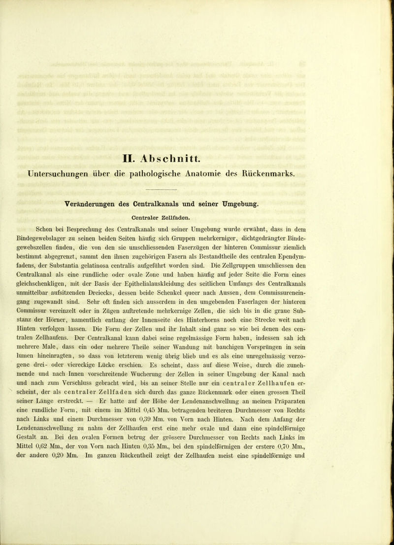 Untersuchungen über die pathologische Anatomie des Rückenmarks. Veränderungen des Centraikanals und seiner Umgebung. Centraler Zellfaden. Schon bei Besprechung des Centralkanals und seiner Umgebung wurde erwähnt, dass in dem Bindegewebslager zu seinen beiden Seiten häufig sich Gruppen mehrkerniger, dichtgedrängter Binde- gewebszellen finden, die von den sie umschliessenden Faserzügen der hinteren Commissur ziemlich bestimmt abgegrenzt, sammt den ihnen zugehörigen Fasern als Bestandtheile des centralen Ependym- fadens, der Substantia gelatinosa centralis aufgeführt worden sind. Die Zellgruppen umschliessen den Centraikanal als eine rundliche oder ovale Zone und haben häufig auf jeder Seite die Form eines gleichschenkligen, mit der Basis der EpitheUalauskleidung des seitlichen Umfangs des Centraikanals unmittelbar aufsitzenden Dreiecks, dessen beide Schenkel queer nach Aussen, dem Commissurenein- gang zugewandt sind. Sehr oft finden sich ausserdem in den umgebenden Faserlagen der hinteren Commissur vereinzelt oder in Zügen auftretende mehrkernige Zellen, die sich bis in die graue Sub- stanz der Hörner, namentlich entlang der Innenseite des Hinterhorns noch eine Strecke weit nach Hinten verfolgen lassen. Die Form der Zellen und ihr Inhalt sind ganz so wie bei denen des cen- tralen Zellhaufens. Der Centralkanal kann dabei seine regelmässige Form haben, indessen sah ich mehrere Male, dass ein oder mehrere Theile seiner Wandung mit bauchigen Vorsprüngen in sein lumen hineinragten, so dass von letzterem wenig übrig blieb und es als eine unregelmässig verzo- gene drei- oder viereckige Lücke erschien. Es scheint, dass auf diese Weise, diu-ch die zuneh- mende und nach Innen vors ehr eitende Wucherung der Zellen in seiner Umgebung der Kanal nach und nach zum Verschluss gebracht wird, bis an seiner Stelle nur ein centraler Zell häufen er- scheint, der als centraler Zellfaden sich durch das ganze Rückenmark oder einen grossen Theil seiner Länge erstreckt. — Er hatte auf der Höhe der Lendenanschwellung an meinen Präparaten eine rundliche Form, mit einem im Mittel 0,45 Mm. betragenden breiteren Durchmesser von Rechts nach Links und einem Durchmesser von 0,39 Mm. von Vorn nach Hinten. Nach dem Anfang der Lendenanschwellung zu nahm der Zellhaufen erst eine mehr ovale und dann eine spindelförmige Gestalt an. Bei den ovalen Formen betrug der grössere Durchmesser von Rechts nach Links im Mittel 0,62 Mm., der von Vorn nach Hinten 0,35 Mm., bei den spindelförmigen der erstere 0,70 Mm., der andere 0,20 Mm. Im ganzen Rückentheil zeigt der Zellhaufen meist eine spindelförmige und
