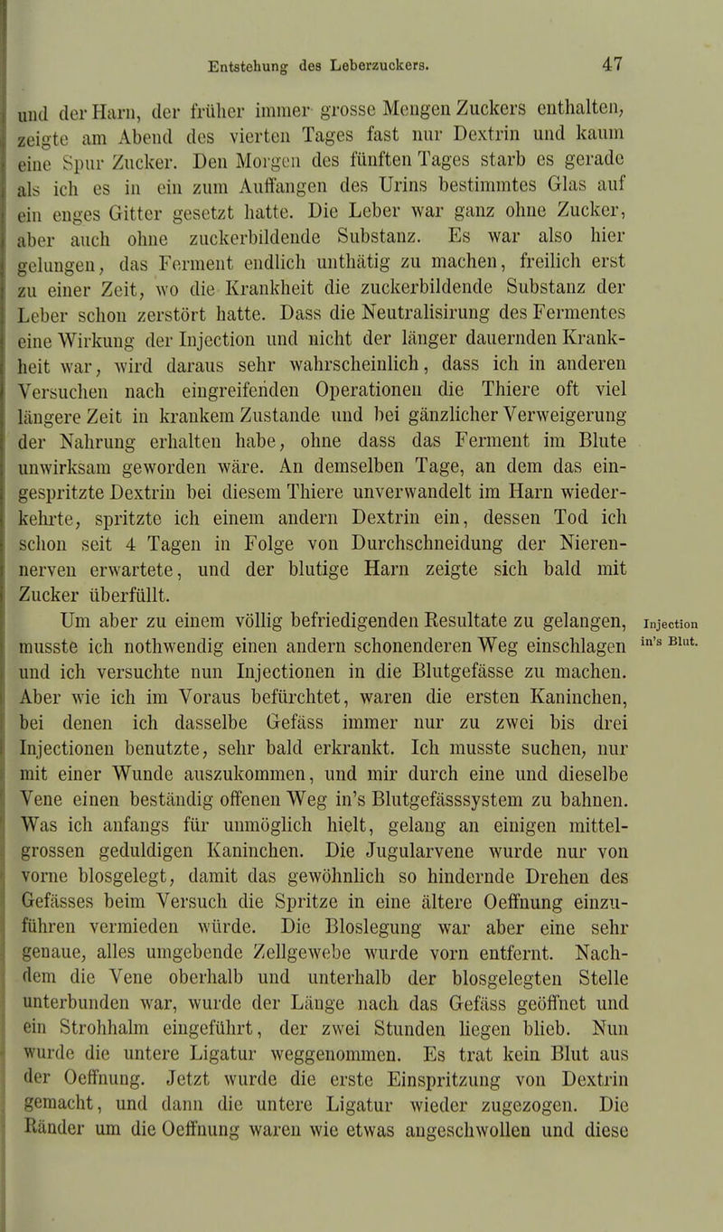 und der Harn, der früher immer grosse Mengen Zuckers enthalten, zeigte am Abend des vierten Tages fast nur Dextrin und kaum eine Spur Zucker. Den Morgen des fünften Tages starb es gerade als ich es in ein zum Auffangen des Urins bestimmtes Glas auf ein enges Gitter gesetzt hatte. Die Leber war ganz ohne Zucker, aber auch ohne zuckerbildende Substanz. Es war also hier gelungen, das Ferment endlich unthätig zu machen, freilich erst zu einer Zeit, wo die Krankheit die zuckerbildende Substanz der Leber schon zerstört hatte. Dass die Neutralisirung des Fermentes eine Wirkung der Injection und nicht der länger dauernden Krank- heit war, wird daraus sehr wahrscheinlich, dass ich in anderen Versuchen nach eingreifenden Operationen die Thiere oft viel längere Zeit in krankem Zustande und bei gänzlicher Verweigerung der Nahrung erhalten habe, ohne dass das Ferment im Blute unwirksam geworden wäre. An demselben Tage, an dem das ein- gespritzte Dextrin bei diesem Thiere unverwandelt im Harn wieder- kehrte, spritzte ich einem andern Dextrin ein, dessen Tod ich schon seit 4 Tagen in Folge von Durchschneidung der Nieren- nerven erwartete, und der blutige Harn zeigte sich bald mit Zucker überfüllt. Um aber zu einem völlig befriedigenden Resultate zu gelangen, injection musste ich nothwendig einen andern schonenderen Weg einschlagen in's Blut und ich versuchte nun Injectionen in die Blutgefässe zu machen. Aber wie ich im Voraus befürchtet, waren die ersten Kaninchen, bei denen ich dasselbe Gefäss immer nur zu zwei bis drei Injectionen benutzte, sehr bald erkrankt. Ich musste suchen, nur mit einer Wunde auszukommen, und mir durch eine und dieselbe Vene einen beständig offenen Weg in's Blutgefässsystem zu bahnen. Was ich anfangs für unmöglich hielt, gelang an einigen mittel- grossen geduldigen Kaninchen. Die Jugularvene wurde nur von vorne blosgelegt, damit das gewöhnlich so hindernde Drehen des Gefässes beim Versuch die Spritze in eine ältere Oeffnung einzu- führen vermieden würde. Die Bloslegung war aber eine sehr genaue, alles umgebende Zellgewebe wurde vorn entfernt. Nach- dem die Vene oberhalb und unterhalb der blosgelegten Stelle unterbunden war, wurde der Länge nach das Gefäss geöffnet und ein Strohhalm eingeführt, der zwei Stunden liegen blieb. Nun wurde die untere Ligatur weggenommen. Es trat kein Blut aus der Oeffnung. Jetzt wurde die erste Einspritzung von Dextrin gemacht, und dann die untere Ligatur wieder zugezogen. Die Ränder um die Oeffnung waren wie etwas angeschwollen und diese