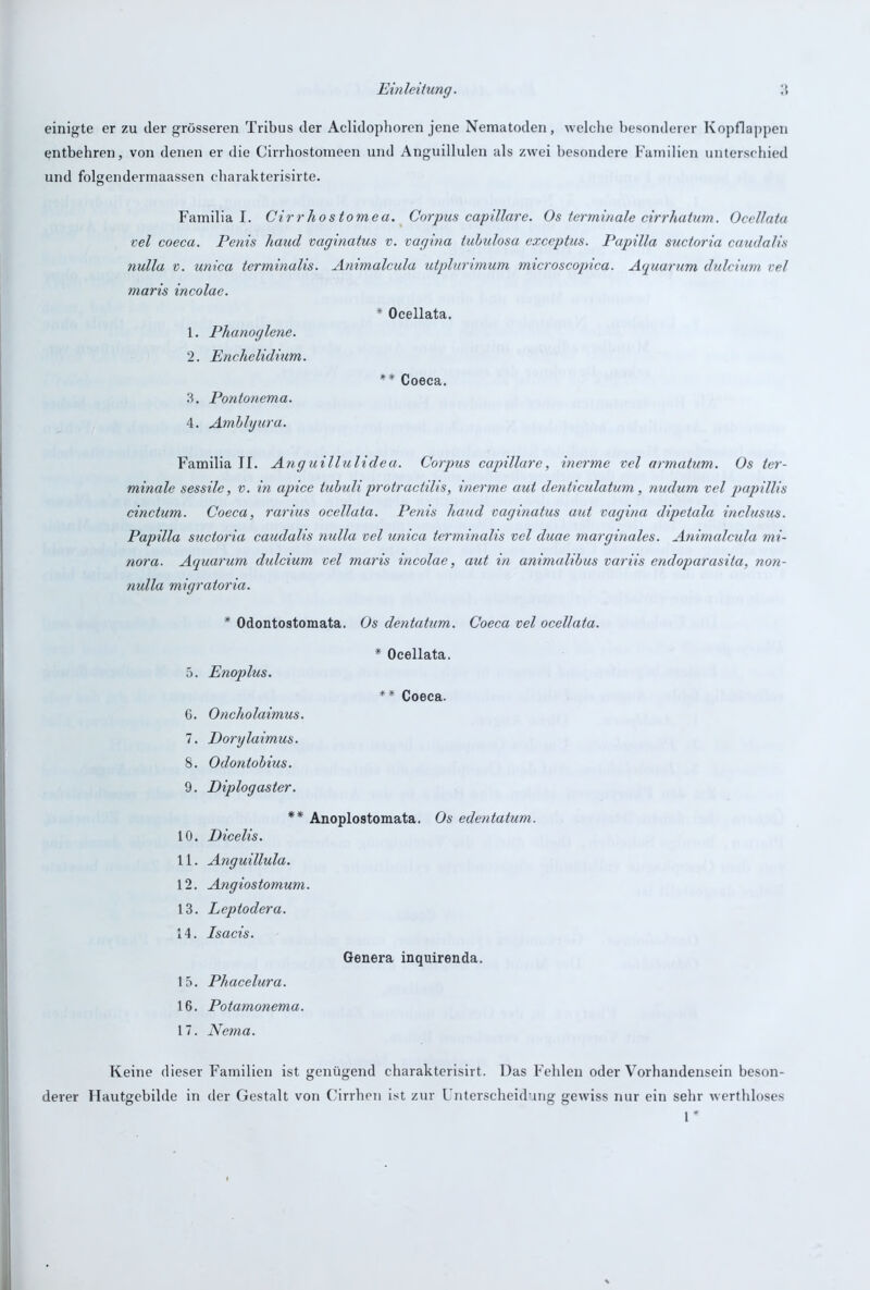 Einleitung. einigte er zu der grösseren Tribus der Aclidophoren jene Nematoden, welche besonderer Kopflappen entbehren, von denen er die Cirrhostomeen und Anguillulen als zwei besondere Familien unterschied und folgendermaassen charakterisirte. Familia I. Cirrhostomea. Corpus capillare. Os terminale cirrhatum. Ocellata vel coeca. Penis haud vaginatus v. vagina tubulosa exccptus. Papilla suctoria caudalis nulla v. unica terrninalis. Animalcula utplurimum microscopica. Aquarum dulcium vel maris incolae. * Ocellata. 1. Phanoglene. 2. Enchelidiurn. ** Coeca. 3. Pontonema. 4. Amblyura. Familia II. Anguillulidea. Corpus capillare, inerme vel armatum. Os ter- minale sessile, v. in apice tubuli protractilis, inerme aut denticulatum, nudum vel papillis cinctum. Coeca, rarius ocellata. Penis haud vaginatus aut vagina dipeiala inclusus. Papilla suctoria caudalis nulla vel unica terrninalis vel duae marginales. Animalcula mi- nora. Aquarum dulcium vel maris incolae, aut in animalibus variis encloparasita, non- nulla migratoria. * Odontostomata. Os dentatum. Coeca vel ocellata. 5. Enoplus. G. Oncholaimus 7. Dorylaimus. 8. Odontobius. 9. Diplogaster. * Ocellata. ** Coeca. ** Anoplostomata. Os edentatum. 10. Dicelis. 11. Anguillula. 12. Angiostomum. 13. Leptodera. 14. Isacis. Genera inquirenda. 15. Phacelura. 16. Potamonema. 17. Nema. Keine dieser Familien ist genügend charakterisirt. Das Fehlen oder Vorhandensein beson- derer Hautgebilde in der Gestalt von Cirrhen ist zur Unterscheidung gewiss nur ein sehr werthloses 1*