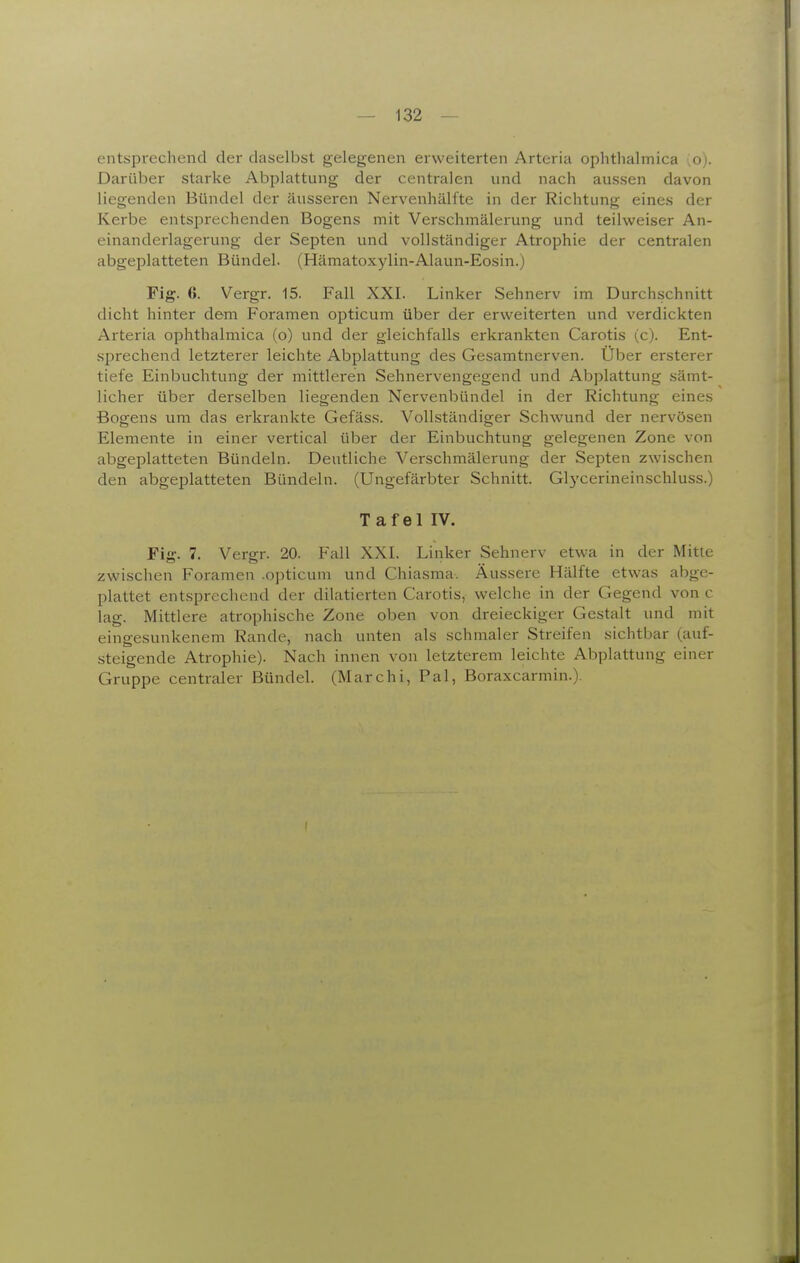 entsprechend der daselbst gelegenen erweiterten Arteria ophthalmica ;o). Darüber starke Abplattung der centralen und nach aussen davon liegenden Bündel der äusseren Nervenhälfte in der Richtung eines der Kerbe entsprechenden Bogens mit Verschmälerung und teilweiser An- einanderlagerung der Septen und vollständiger Atrophie der centralen abgeplatteten Bündel. (Hämatoxylin-Alaun-Eosin.) Fig. 6. Vergr. 15. Fall XXI. Linker Sehnerv im Durchschnitt dicht hinter dem Foramen opticum über der erweiterten und verdickten Arteria ophthalmica (o) und der gleichfalls erkrankten Carotis (c). Ent- sprechend letzterer leichte Abplattung des Gesamtnerven. Über ersterer tiefe Einbuchtung der mittleren Sehnervengegend und Abplattung sämt- licher über derselben liegenden Nervenbündel in der Richtung eines Bogens um das erkrankte Gefäss. Vollständiger Schwund der nervösen Elemente in einer vertical über der Einbuchtung gelegenen Zone von abgeplatteten Bündeln. Deutliche Verschmälerung der Septen zwischen den abgeplatteten Bündeln. (Ungefärbter Schnitt. Glycerineinschluss.) Tafel IV. Fig. 7. Vergr. 20. Fall XXI. Linker Sehnerv etwa in der Mitte zwischen Foramen .o]iticum und Chiasma. Äussere Hälfte etwas abge- plattet entsprechend der dilatierten Carotis, welche in der Gegend von c lag. Mittlere atrophische Zone oben von dreieckiger Gestalt und mit eingesunkenem Rande, nach unten als schmaler Streifen sichtbar (auf- steigende Atrophie). Nach innen von letzterem leichte Abplattung einer Gruppe centraler Bündel. (Marchi, Pal, Boraxcarmin.). I