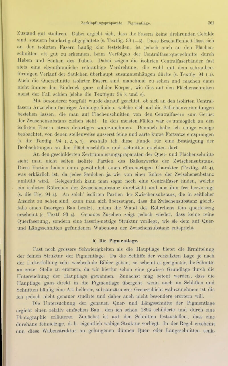 Zustand gut studiren. Dabei ergiebt. sich, dass die Kasein keine drehrunden Gebilde sind, sondern bandartig abgeplattete (s. TextHg. 93 l :.). Diese Beschaffenheit lässt sich an den isolirten Fasern häufig klar Feststellen, ist jedoch auch an den Flächen schnitten oft gut zu erkennen, beim Verfolgen der Centralfaserquerschnitte durch liehen und Senken des Tubus. Dabei zeigen die isolirten Centraifaserbänder fast stets eine eigentümliche schraubige Verdrehung, die wohl mit dem schrauben- förmigen Verlauf der Säulehen überhaupt zusammenhängen dürfte (s. Textfig. 94 1,4). Auch die Querschnitte isolirter Fasern sind manchmal zu sehen und machen dann nicht immer den Eindruck ganz solider Körper, wie dies auf den Flächenschnitten nieist der Fall schien (siehe die Textfigur 94 3 und 6). Mit besonderer Sorgfalt wurde darauf geachtet, ob sich an den isolirten Centrai- fasern Anzeichen faseriger Anhänge finden, welche sich auf die Bälkchenverbindungen beziehen lassen, die man auf Flächenschnitten von den Centraifasern zum Gerüst der Zwischensubstanz ziehen sieht. In den meisten Fällen war es unmöglich an den isolirten Fasern etwas derartiges wahrzunehmen. Dennoch habe ich einige wenige beobachtet, von denen stellenweise äusserst feine und zarte kurze Fortsätze entsprangen (s. die Textfig. 94 1.2.5,7), weshalb ich diese Funde für eine Bestätigung der Beobachtungen an den Flächenschliffen und -schnitten erachten darf. An den geschilderten Zertrümmerungspräparaten der Quer- und Flächenschnitte sieht man nicht selten isolirte Partien des Balkenwerks der Zwischensubstanz. Diese Partien haben dann gewöhnlich einen röhrenartigen Charakter (Textfig. 94 4), was erklärlich ist, da jedes Säulchen ja wie von einer Röhre der Zwischensubstanz umhüllt wird. Gelegentlich kann man sogar noch eine Centraifaser finden, welche ein isolirtes Röhrchen der Zwischensubstanz durchzieht und aus ihm frei hervorragt (s. die Fig. 94 4). An solch' isolirten Partien der Zwischensubstanz, die in seitlicher Ansicht zu sehen sind, kann man sich überzeugen, dass die Zwischensubstanz gleich- falls einen faserigen Bau besitzt, indem die Wand des Röhrchens fein querfaserig erscheint (s. Textf. 93 4). Genaues Zusehen zeigt jedoch wieder, dass keine reine <,>uerfaserung, sondern eine faserig-netzige Struktur vorliegt, wie sie dem auf Quer- und Längsschnitten gefundenen Wabeubau der Zwischensubstanz entspricht. b) Die Pigmentlage. Fast noch grössere Schwierigkeiten als die Hauptlage bietet die Ermittelung der feinen Struktur der Pigmentlage. Da die Schliffe der verkalkten Lage je nach der Lufterfüllung sehr wechselnde Bilder geben, so scheint es geeigneter, die Schnitte an erster Stelle zu erörtern, da wir hierfür schon eine gewisse Grundlage durch die Untersuchung der Hauptlage gewannen. Zunächst mag betont werden, dass die Hauptlage ganz direkt in die Pigmentlage übergeht, wenn auch an Schliffen und Schnitten häufig eine Art hellerer, substanzärmerer Grenzschicht wahrzunehmen ist, die ich jedoch nicht genauer studirte und daher auch nicht besonders erörtern will. Die Untersuchung der genauen Quer- und Längsschnitte der Pigmentlage ergiebt einen relativ einfachen Bau, den ich schon 1894 schilderte und durch eine Photographie erläuterte. Zunächst ist auf den Schnitten festzustellen, dass eine durchaus feinnetzige, d. h. eigentlich wabige Struktur vorliegt. In der Regel erscheint nun diese Wabenstruktur an gelungenen dünnen Quer- oder Längsschnitten senk-