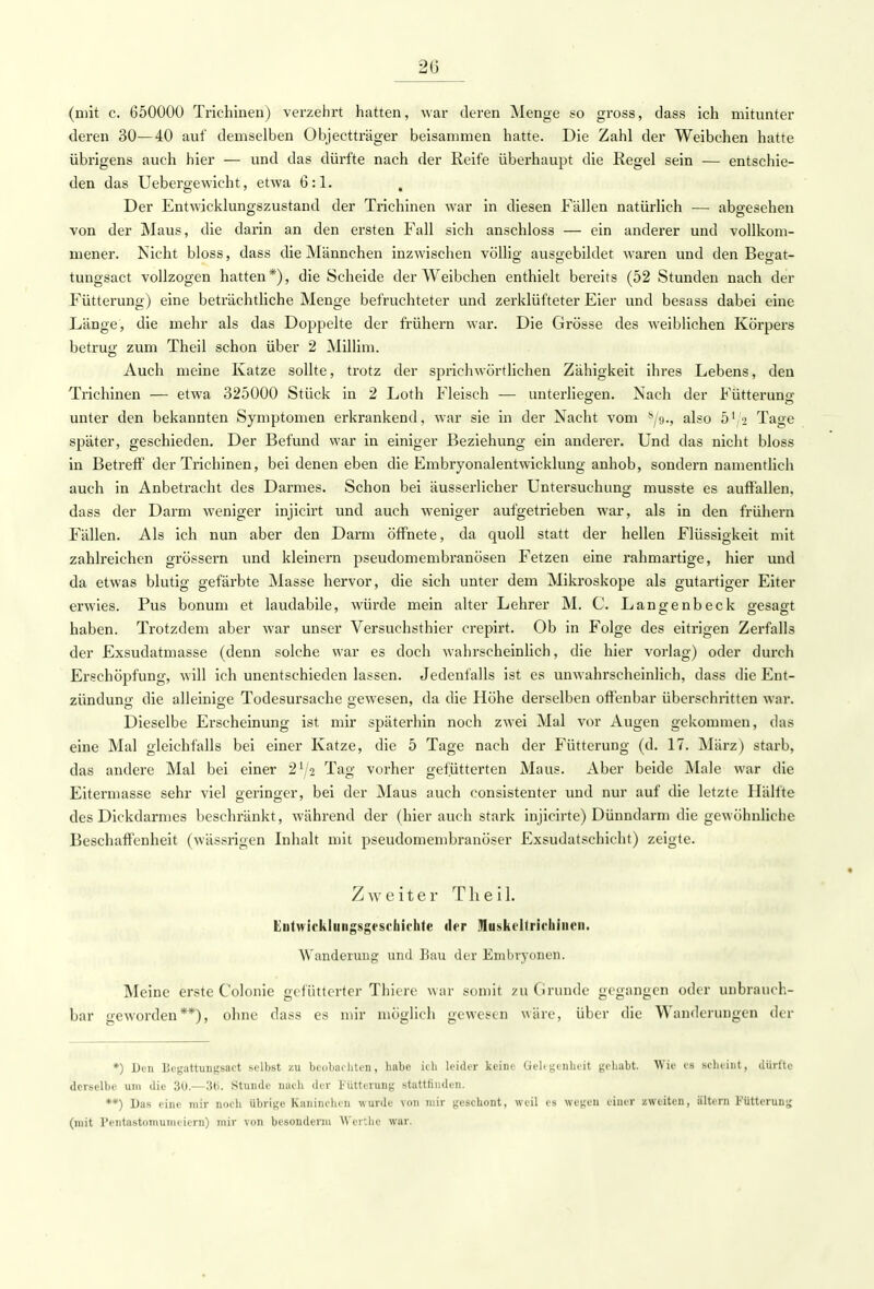(mit c. 650000 Trichinen) verzehrt hatten, war deren Menge so gross, dass ich mitunter deren 30—40 auf demselben Objectträger beisammen hatte. Die Zahl der Weibchen hatte übrigens auch hier — und das dürfte nach der Reife überhaupt die Regel sein — entschie- den das Uebergewicht, etwa 6:1. , Der Entwicklungszustand der Trichinen war in diesen Fällen natürlich — abgesehen von der Maus, die darin an den ersten Fall sich anschloss — ein anderer und vollkom- mener. Nicht bloss, dass die Männchen inzwischen völlig ausgebildet waren und den Begat- tungsact vollzogen hatten*), die Scheide der Weibchen enthielt bereits (52 Stunden nach der Fütterung) eine beträchtliche Menge befruchteter und zerklüfteter Eier und besass dabei eine Länge, die mehr als das Doppelte der frühern war. Die Grösse des weiblichen Körpers betrug; zum Theil schon über 2 Millim. Auch meine Katze sollte, trotz der sprichwörtlichen Zähigkeit ihres Lebens, den Trichinen — etwa 325000 Stück in 2 Loth Fleisch — unterliegen. Nach der Fütteruno- unter den bekannten Symptomen erkrankend, war sie in der Nacht vom s/9., also 51,2 Tage später, geschieden. Der Befund war in einiger Beziehung ein anderer. Und das nicht bloss in Betreff der Trichinen, bei denen eben die Embryonalentwicklung anhob, sondern namentlich auch in Anbetracht des Darmes. Schon bei äusserlicher Untersuchung musste es auffallen, dass der Darm weniger injicirt und auch weniger aufgetrieben war, als in den frühern Fällen. Als ich nun aber den Darm öffnete, da quoll statt der hellen Flüssigkeit mit zahlreichen grössern und kleinern pseudomembranösen Fetzen eine rahmartige, hier und da etwas blutig gefärbte Masse hervor, die sich unter dem Mikroskope als gutartiger Eiter erwies. Pus bonum et laudabile, würde mein alter Lehrer M. C. Langenbeck gesagt haben. Trotzdem aber war unser Versuchsthier crepirt. Ob in Folge des eitrigen Zerfalls der Exsudatmasse (denn solche war es doch wahrscheinlich, die hier vorlag) oder durch Erschöpfung, will ich unentschieden lassen. Jedenfalls ist es unwahrscheinlich, dass die Ent- zündung die alleinige Todesursache gewesen, da die Höhe derselben offenbar überschritten war. Dieselbe Erscheinung ist mir späterhin noch zwei Mal vor Augen gekommen, das eine Mal gleichfalls bei einer Katze, die 5 Tage nach der Fütterung (d. 17. März) starb, das andere Mal bei einer 2lji Tag vorher gefütterten Maus. Aber beide Male war die Eitermasse sehr viel geringer, bei der Maus auch consistenter und nur auf die letzte Hälfte des Dickdarmes beschränkt, während der (hierauch stark injicirte) Dünndarm die gewöhnliche Beschaffenheit (wässrigen Inhalt mit pseudomembranöser Exsudatschicht) zeigte. Zweiter Theil. Entwickliiiigsgrselm-hte der luskellriobincii. Wanderung und Bau der Embryonen. Meine erste Colonie gefütterter Thiere war somit zu Grunde gegangen oder unbrauch- bar geworden**), ohne dass es mir möglich gewesen wäre, über die Wanderungen der *) Den Bcgattungsact selbst zu beobachten, habe ich leider keine Gehgenheit gehabt. Wie es scheint, dürfte derselbe um die 30.—3b. Stunde nach der Fütterung stattfinden. •*) Das eine mir noch übrige Kaninchen wurde von mir geschont, weil es wegen einer zweiten, altern Fütterung (mit lVntastomumoiern) mir von besonderm Werthe war.