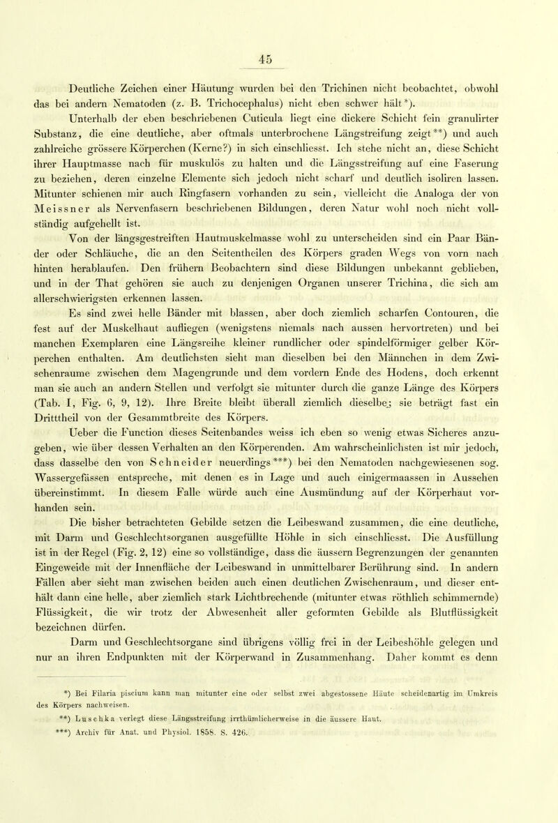 Deutliche Zeichen einer Häutung wurden bei den Trichinen nicht beobachtet, obwohl das bei andern Nematoden (z. B. Trichocephalus) nicht eben schwer hält *). Unterhalb der eben beschriebenen Cuticula liegt eine dickere Schicht fein granulirter Substanz, die eine deutliche, aber oftmals unterbrochene Längstreifung zeigt**) und auch zahlreiche grössere Körperchen (Kerne?) in sich einschliesst. Ich stehe nicht an, diese Schicht ihrer Hauptmasse nach für muskulös zu halten und die Längsstreifung auf eine Faserung zu beziehen, deren einzelne Elemente sich jedoch nicht scharf und deutlich isoliren lassen. Mitunter schienen mir auch Ringfasern vorhanden zu sein, vielleicht die Analoga der von Meissner als Nervenfasern beschriebenen Bildungen, deren Natur wohl noch nicht voll- ständig aufgehellt ist. Von der längsgestreiften Hautmuskelmasse wohl zu unterscheiden sind ein Paar Bän- der oder Schläuche, die an den Seitentheilen des Körpers graden Wegs von vorn nach hinten herablaufen. Den frühern Beobachtern sind diese Bildungen unbekannt geblieben, und in der That gehören sie auch zu denjenigen Organen unserer Trichina, die sich am allerschwierio-sten erkennen lassen. Es sind zwei helle Bänder mit blassen, aber doch ziemlich scharfen Contouren, die fest auf der Muskelhaut aufliegen (wenigstens niemals nach aussen hervortreten) und bei manchen Exemplaren eine Längsreihe kleiner rundlicher oder spindelförmiger gelber Kör- perchen enthalten. Am deutlichsten sieht man dieselben bei den Männchen in dem Zwi- schenräume zwischen dem Magengrunde und dem vordem Ende des Hodens, doch erkennt man sie auch an andern Stellen und verfolgt sie mitunter durch die ganze Länge des Körpers (Tab. I, Fig. 6, 9, 12). Ihre Breite bleibt überall ziemlich dieselbe.; sie beträgt fast ein Dritttheil von der Gesammtbreite des Körpers. Ueber die Function dieses Seitenbandes weiss ich eben so wenig etwas Sicheres anzu- geben, wie über dessen Verhalten an den Körperenden. Am wahrscheinlichsten ist mir jedoch, dass dasselbe den von Schneider neuerdings***) bei den Nematoden nachgewiesenen sog. Wassergefässen entspreche, mit denen es in Lage und auch einigermaassen in Aussehen übereinstimmt. In diesem Falle würde auch eine Ausmündung auf der Körperhaut vor- handen sein. Die bisher betrachteten Gebilde setzen die Leibeswand zusammen, die eine deutliche, mit Darm und Geschlechtsorganen ausgefüllte Höhle in sich einschliesst. Die Ausfüllung ist in der Regel (Fig. 2, 12) eine so vollständige, dass die äussern Begrenzungen der genannten Eing;eweide mit der Innenfläche der Leibeswand in unmittelbarer Berührung; sind. In andern Fällen aber sieht man zwischen beiden auch einen deutlichen Zwischenraum, und dieser ent- hält dann eine helle, aber ziemlich stark Lichtbrechende (mitunter etwas röthlich schimmernde) Flüssigkeit, die wir trotz der Abwesenheit aller geformten Gebilde als Blutflüssigkeit bezeichnen dürfen. Darm und Geschlechtsorgane sind übrigens völlig frei in der Leibeshöhle gelegen und nur an ihren Endpunkten mit der Körperwand in Zusammenhang. Daher kommt es denn *) Bei Filaria piscium kann man mitunter eine oder selbst zwei abgestossene Häute scheidenartig im Umkreis des Körpers nachweisen. **) Luschka verlegt diese Längsstreifung irrthümlicherweise in die äussere Haut. ***) Archiv für Anat. und Physiol. 1858. S. 426.