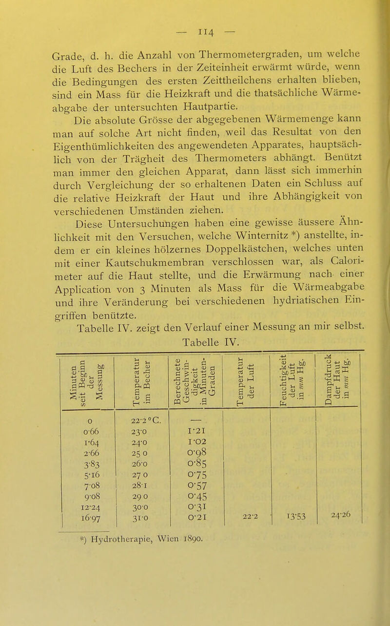 Grade, d. h. die Anzahl von Thermometergraden, um welche die Luft des Bechers in der Zeiteinheit erwärmt würde, wenn die Bedingungen des ersten Zeittheilchens erhalten blieben, sind ein Mass für die Heizkraft und die thatsächliche Wärme- abgabe der untersuchten Hautpartie. Die absolute Grösse der abgegebenen Wärmemenge kann man auf solche Art nicht finden, weil das Resultat von den Eigenthümlichkeiten des angewendeten Apparates, hauptsäch- lich von der Trägheit des Thermometers abhängt. Benützt man immer den gleichen Apparat, dann lässt sich immerhin durch Vergleichung der so erhaltenen Daten ein Schluss auf die relative Heizkraft der Haut und ihre Abhängigkeit von verschiedenen Umständen ziehen. Diese Untersuchungen haben eine gewisse äussere Ähn- lichkeit mit den Versuchen, welche Winternitz *) anstellte, in- dem er ein kleines hölzernes Doppelkästchen, welches unten mit einer Kautschukmembran verschlossen war, als Calori- meter auf die Haut stellte, und die Erwärmung nach einer Application von 3 Minuten als Mass für die Wärmeabgabe und ihre Veränderung bei verschiedenen hydriatischen Ein- griffen benützte. Tabelle IV. zeigt den Verlauf einer Messung an mir selbst. Tabelle IV. Minuten seit Beginn der Messung Temperatur im Becher Berechnete Geschwin- digkeit in Minuten- Graden Temperatur der Luft Feuchtigkeit der Luft in mm Hg. Dampfdruck der Haut in mm Hg. 0 22-2 C. 0-66 23-0 I-2I V64 24-0 I-02 2-66 25 0 0-98 3-83 26-0 0-85 5-i6 27 0 0-75 708 28-1 0-57 9-08 290 0-45 12-24 30-0 0-31 24-26 1 1 16-97 31-0 0-2I 22-2 13-53 *) Hydrotherapie, Wien 1890.