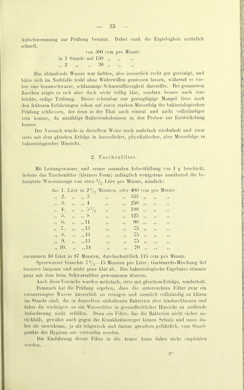 Aufschwemmnng 7,iir Prüfung benutzt. Dabei sank die Ergiebigkeit natürlich schnell, von 500 ccm pro Minute in 1 Stunde auf 150 ,, ,, ,, 30 ■n 11 !; ’ 7 1 7 7 7 7 Das ablaufende Wasser war farblos, also äusserlich recht gut gereinigt, und hatte sich im Nothfalle wohl ohne Widerwillen geniesscn lassen, während es vor- her eine braunschwarze, schlammige Schmutzllüssigkeit darstellte. Bei genauerem Zusehen zeigte es sich aber doch nicht völlig klar, sondern besass noch eine leichte, erdige Trübung. Dieser scheiidiar nur geringfügige Mangel Hess nach den früheren Erfahrungen schon auf einen starken Misserfolg der bakteriologischen Prüfung schliessen, der denn in der Thal auch eintrat und nicht vollständiger sein konnte, da unzählige Bakterienkolonieen in den Proben zur Entwickelung kamen. Der Versuch wurde in derselben Weise noch mehrfach wiederholt und zwar stets mit dem gleichen Erfolge in äusscrlicher, physikalischer, aiier Misserfolge in bakteriologischer Hinsicht. - 2. Taschenfilter. Mit Leitungswasser , und seiner normalen Asbestfüllung von 1 g beschickt, lieferte das Taschenfilter (kleinere Form) anfänglich wenigstens annähernd die be- hauptete Wassermenge von etwa Yo Liter ])ro Minute, nämlich: das 1. 2 ,7 5. 77 '• 77 8. 7, 9. 7, in 2^/ ^0 Minuten, oder 400 ,7 3 11 ',1 333 ,7 4 ?? 5? 250 ,7 5^ s ^2 '11 180 125 7,U ? ? ?? 11 11 90 lo 75 11 75 i7l3 5? 11 75 7,13 11 75 7714 11 70 zusammen 10 Liter in 87 Minuten, durchschnittlich 115 ccm pro Minute. Spreewasser brauchte 7 Yo—15 Minuten pro Liter; Gartenerde-Mischung lief iiusserst langsam und nicht ganz klar ab. Das bakteriologische Frgebniss stimmte ganz mit dem beim Schwarmlilter gewonnenen überein. Auch dieseVersuche wurden mehrfach, stets mit gleichem Erfolge, wiederholt. Demnach hat die Prüfung ergeben, dass die untersuchten Filter zwar ein verunreinigtes Wasser äusserlich zu reinigen und ziemlich vollständig zu klären im Stande sind, die in demselben enthaltenen Bakterien aber hindurchlassen und daher die wichtigste an ein Wasserlilter in gesundheitlicher Hinsicht zu stellende Anforderung nicht erfüllen. Denn ein Filter, das die Bakterien nicht sicher zu- rückhält, gewährt auch gegen die Krankheitserreger keinen Schutz und muss da- her als unwirksam, ja als trügerisch und darum geradezu gefährlich, vom Stand- punkte der Hygiene aus verworfen werden. Die Einführung dieser Filter in die Armee kann daher nicht empfohlen wci'den. ■