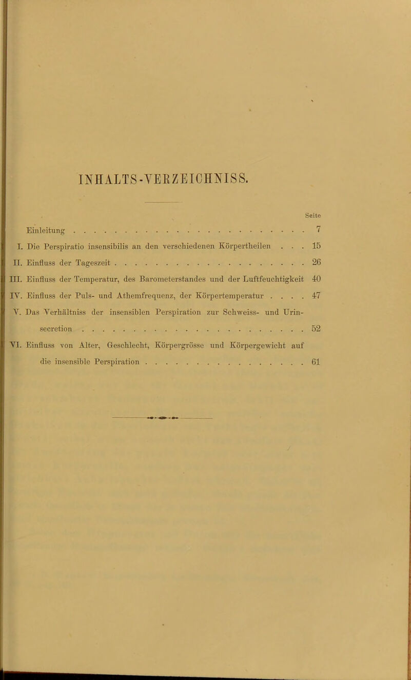 INHALTS-YEEZEIOHNISS. Seite Einleitung 7 I. Die Perspiratio insensibilis an den verschiedenen Körpertbeilen ... 15 II. Einfluss der Tageszeit 26 III. Einfluss der Temperatur, des Barometerstandes und der Luftfeuchtigkeit 40 lY. Einfluss der Puls- und Athemfrequenz, der Körpertemperatur .... 47 Y. Das Yerhältniss der insensiblen Perspiration zur Scbweiss- und Urin- secretion 52 YI. Einfluss von Alter, Geschlecht, Körpergrösse und Körpergewicht auf die insensible Perspiration 61