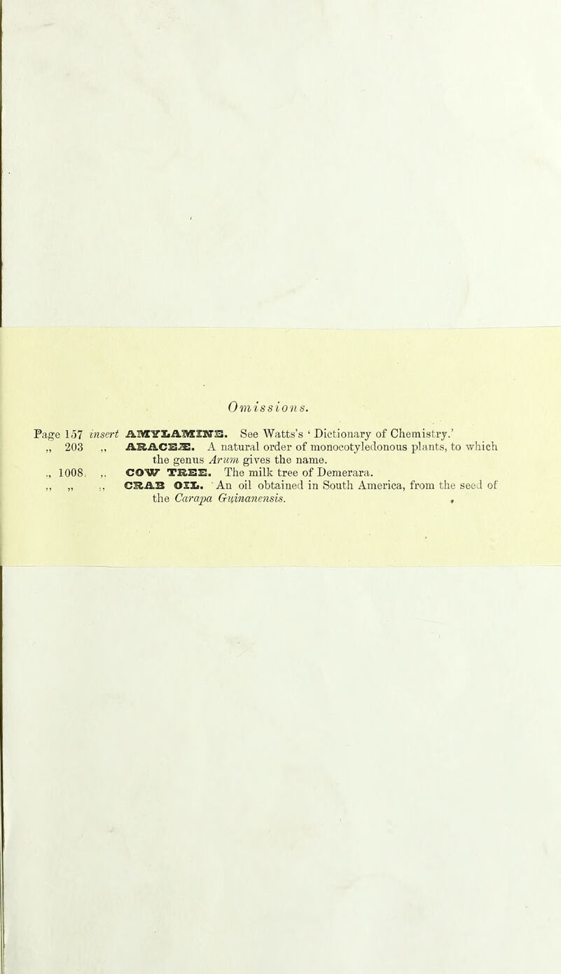 Omissions. Page 157 insert illVIirii ADMINS. See Watts's 'Dictionary of Chemistry.' „ 203 A'B.A.CSjS. a natural order of monocotyledonous plants, to which the genus Aru7)i gives the name. .,1008 ,. COW TREE. The milk tree of Demerara. ,, „ CRAB OXIi. An oil obtained in South America, from the seed of the Carapa Guinanensis. ,