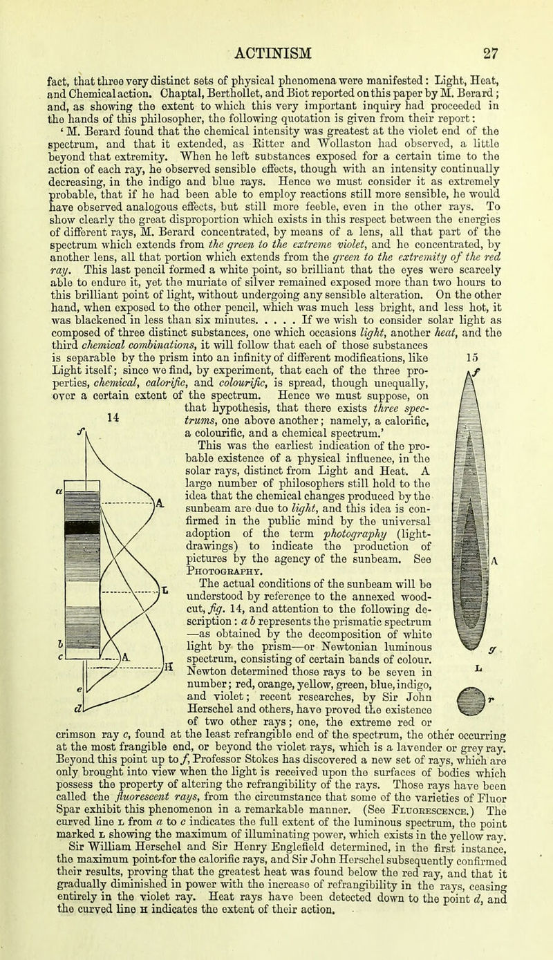 fact, that three very distinct sets of physical phenomena were manifested: Light, Heat, and Chemical action. Chaptal, BerthoUet, and Biot reported on this paper by M. Berard; and, as showing the extent to wliich this very important inquiry had proceeded in the hands of this philosopher, the following quotation is given from their report: ' M. Berard found that the chemical intensity was greatest at the violet end of the spectrum, and that it extended, as Bitter and Wollaston had observed, a little beyond that extremity. When he left substances exposed for a certain time to the action of each ray, he observed sensible effects, though with an intensity continually decreasing, in the indigo and blue rays. Hence we must consider it as extremely probable, that if ho had been able to employ reactions still more sensible, he would have observed analogous effects, but still more feeble, even in the other rays. To show clearly the great disproportion which exists in this respect between the energies of different rays, M. Berard concentrated, by means of a lens, all that part of the spectrum which extends from the green to the extreme violet, and ho concentrated, by another lens, all that portion which extends from the green to the extremity of the red ray. This last pencil formed a white point, so brilliant that the eyes were scarcely able to endure it, yet the muriate of silver remained exposed more than two hours to this brilliant point of light, without undergoing any sensible alteration. On the other hand, when exposed to the other pencil, which was much less bright, and loss hot, it was blackened in less than six minutes If we wish to consider solar light as composed of three distinct substances, one wliich occasions light, another heat, and the third chemical combinations, it will follow that each of those substances is separable by the prism into an infinity of different modifications, like 15 Light itself; since we find, by experiment, that each of the three pro- perties, chemical, calorific, and colourific, is spread, though unequally, over a certain extent of the spectrum. Henco we must suppose, on that hypothesis, that there exists three spec- trums, one above another; namely, a calorific, a colourific, and a chemical spectrum.' This was the earliest indication of the pro- bable existence of a physical influence, in the solar rays, distinct from Light and Heat. A largo number of philosophers still hold to the idea that the chemical changes produced by the sunbeam are due to light, and this idea is con- firmed in the public mind by the universal adoption of the term photography (light- drawings) to indicate the production of pictures by the agency of the sunbeam. See PHOTOGEAPHr. The actual conditions of the sunbeam will be understood by reference to the annexed wood- cut, j?^. 14, and attention to the following de- scription : a b represents the prismatic spectrum —as obtained by the decomposition of white light by the prism—or Newtonian luminous spectrum, consisting of certain bands of colour. Newton determined those rays to be seven in number; red,orange,yellow,green,blue,indigo, and violet; recent researches, by Sir John Herschel and others, have proved the existence of two other rays; one, the extreme rod or crimson ray c, found at the least refrangible end of the spectrum, the other occurring at the most frangible end, or beyond the violet rays, which is a lavender or grey ray. Beyond this point up to/. Professor Stokes has discovered a now set of rays, which are only brought into view when the light is received upon the surfaces of bodies which possess the property of altering the refrangibility of the rays. Those rays have been called the fluorescent rays, from the circumstance that some of the varieties of Pluor Spar exhibit this phenomenon in a remarkable manner. (See Pluoeescence.) The curved line l from a to c indicates the full extent of the luminous spectrum, tho point marked l showing the maximum of illuminating power, which exists in the yellow ray. Sir William Herschel and Sir Henry Englefield determined, in the first instance, the maximum point-for the calorific rays, and Sir John Herschel subsequently confirmed their results, proving that the greatest heat was found below tho red ray, and that it gradually diminished in power with the increase of refrangibility in tho rays, ceasinn- entirely in the violet ray. Heat rays have been detected down to the point d, and the curved line h indicates the extent of their action.