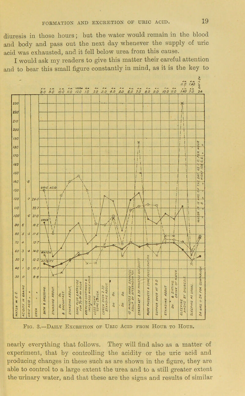 diuresis in those hours; but the water would remain in the blood and body and pass out the next day whenever the supply of uric acid was exhausted, and it fell below urea from this cause. I would ask my readers to give this matter their careful attention and to bear this small figure constantly in mind, as it is the key to Fig. 3.—Daily Excretion of Uric Acid from Hour to Hour. nearly everything that follows. They will find also as a matter of experiment, that by controlling the acidity or the uric acid and producing changes in these such as are shown in the figure, they are able to control to a large extent the urea and to a still greater extent the urinary water, and that these are the signs and results of similar