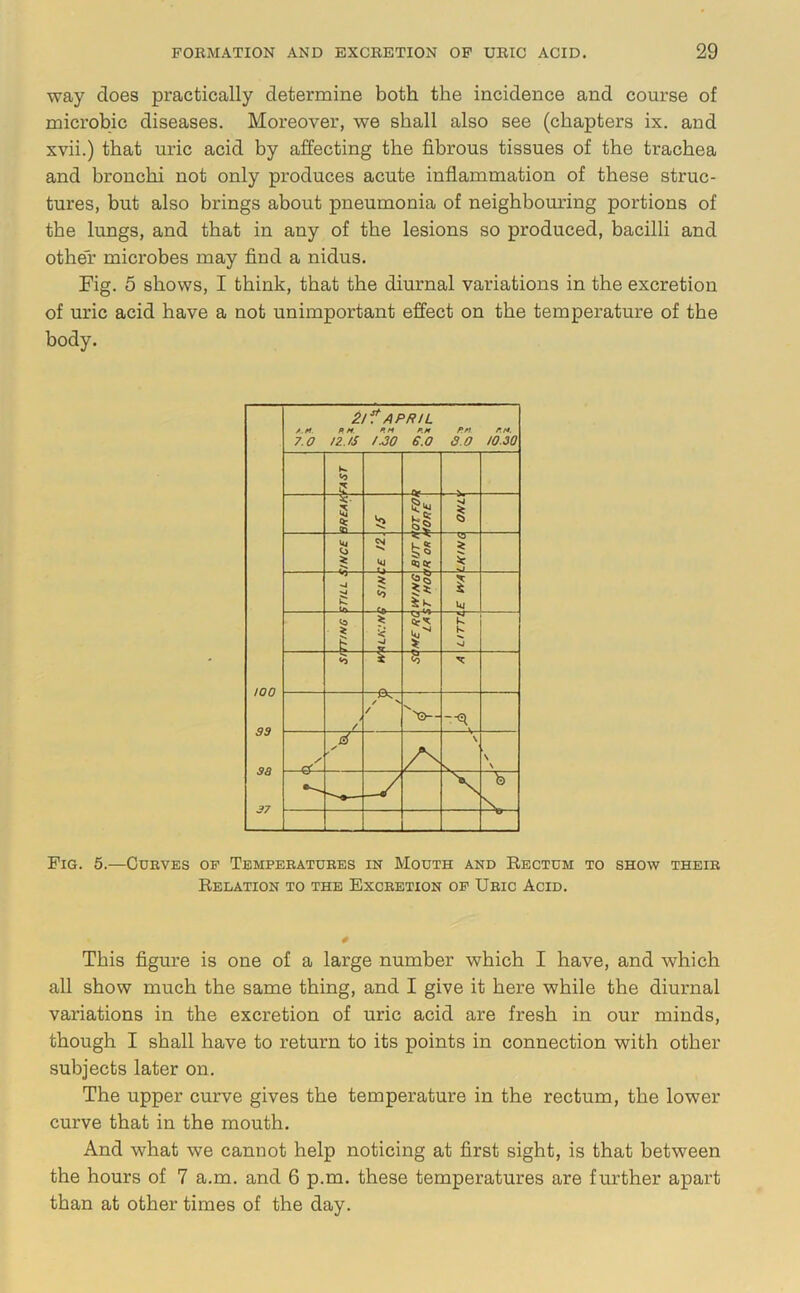 way does practically determine both the incidence and course of microbic diseases. Moreover, we shall also see (chapters ix. and xvii.) that uric acid by affecting the fibrous tissues of the trachea and bronchi not only produces acute inflammation of these struc- tures, but also brings about pneumonia of neighbouring portions of tbe lungs, and that in any of the lesions so produced, bacilli and other microbes may find a nidus. Fig. 5 shows, I think, that the diurnal variations in the excretion of uric acid have a not unimportant effect on the temperature of the body. too 33 S3 37 2!^ APRIL A.M. P.M PM P.M P.M P.M. 7.0 IZ.iS 1.30 6.0 3.0 10.30 k. to 7 !c- 5 si Ui Cj % s:! ajot % 5 C: % 5*: it- Ui to % •J K vj 25 4 / / S. O' d y \ s \ X b Pig. 5.—Curves op Temperatures in Mouth and Eectum to show their Relation to the Excretion op Uric Acid. This figure is one of a large number which I have, and which all show much the same thing, and I give it here while the diurnal variations in the excretion of uric acid are fresh in our minds, though I shall have to return to its points in connection with other subjects later on. The upper curve gives the temperature in the rectum, the lower curve that in the mouth. And what we cannot help noticing at first sight, is that between the hours of 7 a.m. and 6 p.m. these temperatures are further apart than at other times of the day.