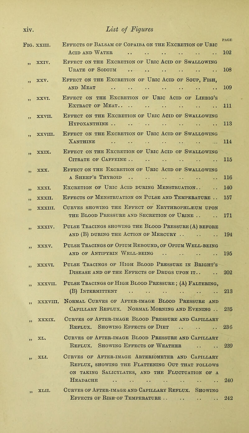 PAGE Fig. XXIII. Effects of Balsam of Copaiba on the Exceetion of Ueic Acid and Watbe .. .. .. .. .. .. 102 „ XXIV. Effect on the Excretion of Uric Acid of Swallowing Urate of Sodium 108 „ XXV. Effect on the Excretion of Uric Acid of Soup, Fish, and Meat 109 „ XXVI. Effect on the Excretion of Uric Acid of Liebig’s Extract of Meat Ill ,, XXVII. Effect on the Excretion of Uric Acid of Swallowing Hypoxanthinb .. .... .. .. .. .. 113 „ XXVIII. Effect on the Excretion of Uric Acid of Swallowing Xanthine .. .. .. .. .. 114 „ XXIX. Effect on the Excretion of Uric Acid of Swallowing Citrate of Caffeine .. .. .. .. .. .. 115 „ XXX. Effect on the Excretion of Uric Acid of Swallowing A Sheep’s Thyroid .. .. .. .. .. .. 116 ,, XXXI. Excretion of Uric Acid during Menstruation.. .. 140 ,, XXXII. Effects of Menstruation on Pulse and Temperature .. 157 ,, XXXIII. Curves showing the Effect of Erythrophl.eum upon THE Blood Pressure and Secretion of Urine .. .. 171 „ XXXIV. Pulse Tracings showing the Blood Pressure (A) before AND (B) DURING THE ACTION OF MeRCURY . . . . . . 194 ,, XXXV. Pulse Tracings of Opium Eebound, of Opium Well-being AND OF Antipyrin Well-being .. .. .. .. 195 ,, XXXVI. Pulse Tracings of High Blood Pressure in Bright’s Disease AND OF THE Effects OF Drugs UPON IT.. .. 202 „ XXXVII. Pulse Tracings OF High Blood Pressure ; (A) Faltering, (B) Intermittent .. .. .. .. .. .. 213 „ XXXVIII. Normal Curves of After-image Blood Pressure and Capillary Eeflux. Normal Morning and Evening .. 235 ,, xxxix. Curves of After-image Blood Pressure and Capillary Eeflux. Showing Effects of Diet .. .. ,.. 236 „ XL. Curves of After-image Blood Pressure and Capillary Eeflux. Showing Effects of Weather .. .. 239 „ XLi. Curves of After-image Arteriometer and Capillary Eeflux, showing the Flattening Out that follows ON TAKING Salicylates, and the Fluctuation of a Headache .. .. .. .. .. .. .. 240 „ XLii. Curves of After-image and Capillary Eeflux. Showing Effects of Eisb-of Temperature .. .. .. .. 242