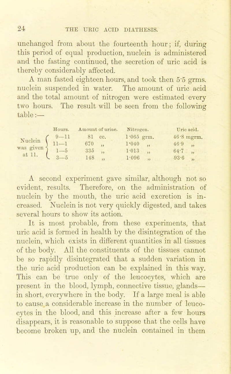 unchanged from about the fourteenth hour; if, during this period of equal production, nuclein is administered and the fasting continued, the secretion of uric acid is thereby considerably affected. A man fasted eighteen hours, and took then 5'5 grms. nuclein suspended in water. The amount of uric acid and the total amount of nitrogen were estimated every two hours. The result will be seen from the following table:— Nitrogen. Uric acid. 1065 grm. 46'8 mgrm. 1-040 „ 46-9 „ ^as given ^ 1-5 335 „ 1013 „ 64-7 „ 1-096 „ ^3-6 „ Nuclein as give at 11. A second experiment gave similar, although not so evident, results. Therefore, on the administration of nuclein by the mouth, the uric acid excretion is in- creased. Nuclein is not very quickly digested, and takes several hours to show its action. It is most probable, from these experiments, that uric acid is formed in health by the disintegration of the nuclein, which exists in different quantities in all tissues of the body. All the constituents of the tissues cannot be so rapidly disintegrated that a sudden variation in the uric acid production can be explained in this way. This can be true only of the leucocytes, which are present in the blood, lymph, connective tissue, glands— in short, everywhere in the body. If a large meal is able to cause a considerable increase in the number of leuco- cytes in the blood, and this increase after a few hours disappears, it is reasonable to suppose that the cells have become broken up, and the nuclein contained in them