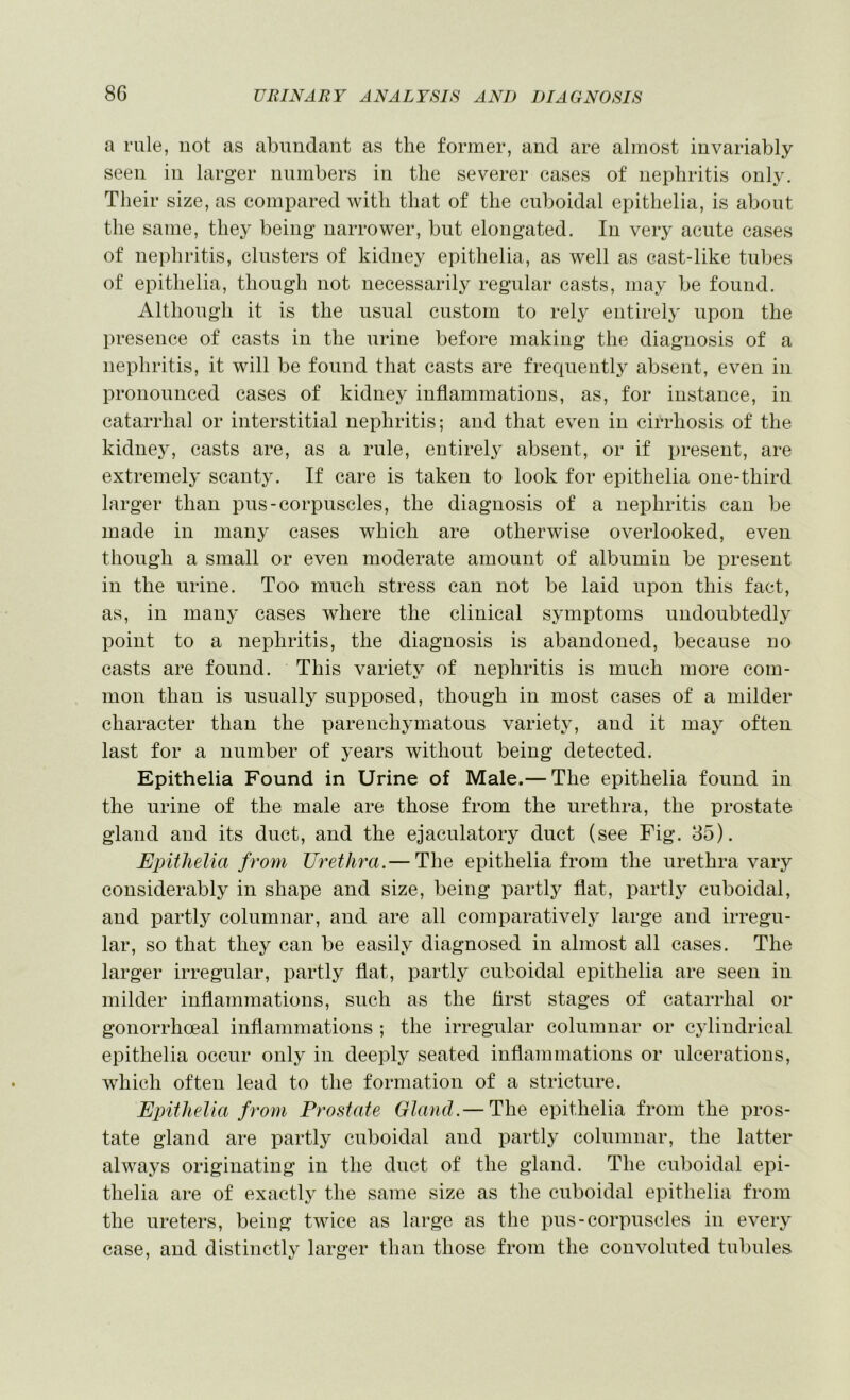 a rule, not as abundant as the former, and are almost invariably seen in larger numbers in the severer cases of nephritis only. Their size, as compared with that of the cuboidal epithelia, is about the same, they being narrower, but elongated. In very acute cases of nephritis, clusters of kidney epithelia, as well as east-like tubes of epithelia, though not necessarily regular casts, may be found. Although it is the usual custom to rely entirely upon the presence of casts in the urine before making the diagnosis of a nephritis, it will be found that casts are frequently absent, even in pronounced cases of kidney inflammations, as, for instance, in catarrhal or interstitial nephritis; and that even in cirrhosis of the kidney, casts are, as a rule, entirely absent, or if present, are extremely scanty. If care is taken to look for epithelia one-third larger than pus-corpuscles, the diagnosis of a nephritis can be made in many cases which are otherwise overlooked, even though a small or even moderate amount of albumin be present in the urine. Too much stress can not be laid upon this fact, as, in many cases where the clinical symptoms undoubtedly point to a nephritis, the diagnosis is abandoned, because no casts are found. This variety of nephritis is much more com- mon than is usually supposed, though in most cases of a milder character than the parenchymatous variety, and it may often last for a number of years without being detected. Epithelia Found in Urine of Male.— The epithelia found in the urine of the male are those from the urethra, the prostate gland and its duct, and the ejaculatory duct (see Fig. 35). Epithelia from Urethra.— The epithelia from the urethra vary considerably in shape and size, being partly flat, partly cuboidal, and partlj^ columnar, and are all comparatively large and irregu- lar, so that they can be easily diagnosed in almost all cases. The larger irregular, partly flat, partly cuboidal epithelia are seen in milder inflammations, such as the first stages of catarrhal or gonorrhoeal inflammations ; the irregular columnar or cylindrical epithelia occur only in deeply seated inflammations or ulcerations, which often lead to the formation of a stricture. Epithelia from Prostate Gland.— The epithelia from the pros- tate gland are partly cuboidal and partly columnar, the latter always originating in the duct of the gland. The cuboidal epi- thelia are of exactly the same size as the cuboidal epithelia from the ureters, being twice as large as the i)us-corpuscles in every case, and distinctly larger than those from the convoluted tubules