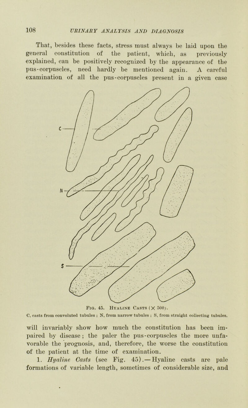 That, besides these facts, stress must always be laid upon the general constitution of the patient, which, as previously explained, can be positively recognized by the appearance of the I)us-corpuscles, need hardly be mentioned again. A careful examination of all the pus-corpuscles present in a given case C, casts from convoluted tubules ; N, from narrow tubules ; S, from straight collecting tubules. will invariably show how much the constitution has been im- paired by disease ; the paler the pus-corpuscles the more unfa- vorable the prognosis, and, therefore, the worse the constitution of the patient at the time of examination. 1. Hyaline Casts (see Fig. 45). — Hyaline casts are pale formations of variable length, sometimes of considerable size, and