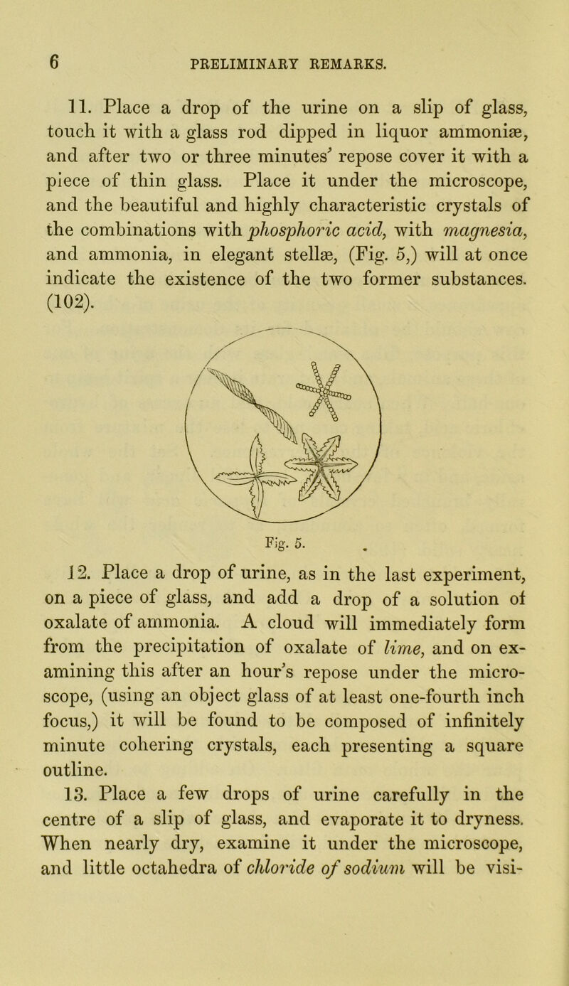 11. Place a drop of the urine on a slip of glass, touch it with a glass rod dipped in liquor ammonise, and after two or three minutes' repose cover it with a piece of thin glass. Place it under the microscope, and the beautiful and highly characteristic crystals of the combinations with phosphoric acid, with magnesia, and ammonia, in elegant stellae, (Fig. 5,) will at once indicate the existence of the two former substances. (102). 12. Place a drop of urine, as in the last experiment, on a piece of glass, and add a drop of a solution of oxalate of ammonia. A cloud will immediately form from the precipitation of oxalate of lime, and on ex- amining this after an hours repose under the micro- scope, (using an object glass of at least one-fourth inch focus,) it will be found to be composed of infinitely minute cohering crystals, each presenting a square outline. 13. Place a few drops of urine carefully in the centre of a slip of glass, and evaporate it to dryness. When nearly dry, examine it under the microscope, and little octahedra of chloride of sodium will he visi-