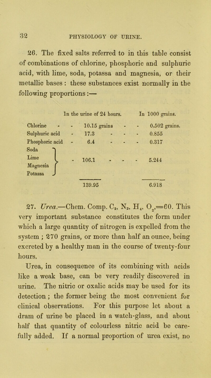 26. The fixed salts referred to in this table consist of combinations of chlorine, phosphoric and sulphuric acid, with lime, soda, potassa and magnesia, or their metallic bases : these substances exist normally in the following proportions:— In the urine of 24 hours. In 1000 grains. Chlorine - 10.15 grains 0.502 grains, Sulphuric acid 17.3 0.855 Phosphoric acid 6.4 0.317 Soda Lime Magnesia I Potassa J [ * 106.1 5.244 139.95 6.918 27. Urea.—Chem. Comp. C2, N2, H4, Oo,=60. This very important substance constitutes the form under which a large quantity of nitrogen is expelled from the system ; 270 grains, or more than half an ounce, being excreted by a healthy man in the course of twenty-four hours. Urea, in consequence of its combining with acids like a weak base, can be very readily discovered in urine. The nitric or oxalic acids may be used for its detection ; the former being the most convenient for clinical observations. For this purpose let about a dram of urine he placed in a watch-glass, and about half that quantity of colourless nitric acid he care- fully added. If a normal proportion of urea exist, no