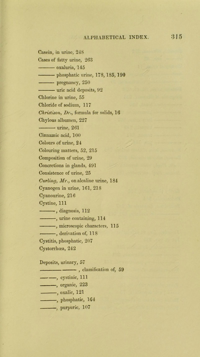 Casein, in urine, 248 Cases of fatty urine, 263 oxaluria, 145 phosphatic urine, 178, 185, 190 pregnancy, 250 uric acid deposits, 92 Chlorine in urine, 55 Chloride of sodium, 117 Christison, Dr., formula for solids. 16 Chylous albumen, 227 urine, 261 Cinnamic acid, 100 Colours of urine, 24 Colouring matters, 52, 215 Composition of urine, 29 Concretions in glands, 491 Consistence of urine, 25 Curling, Mr., onalcaline urine, 184 Cyanogen in urine, 161, 218 Cyanourine, 216 Cystine, 111 , diagnosis, 112 urine containing, 114 , microscopic characters, 115 , derivation of, 118 Cystitis, phosphatic, 207 Cystorrhoea, 242 Deposits, urinary, 57 , classification of, 59 , cystinic, 111 , organic, 223 , oxalic, 121 , phosphatic, 164 purpuric, 107