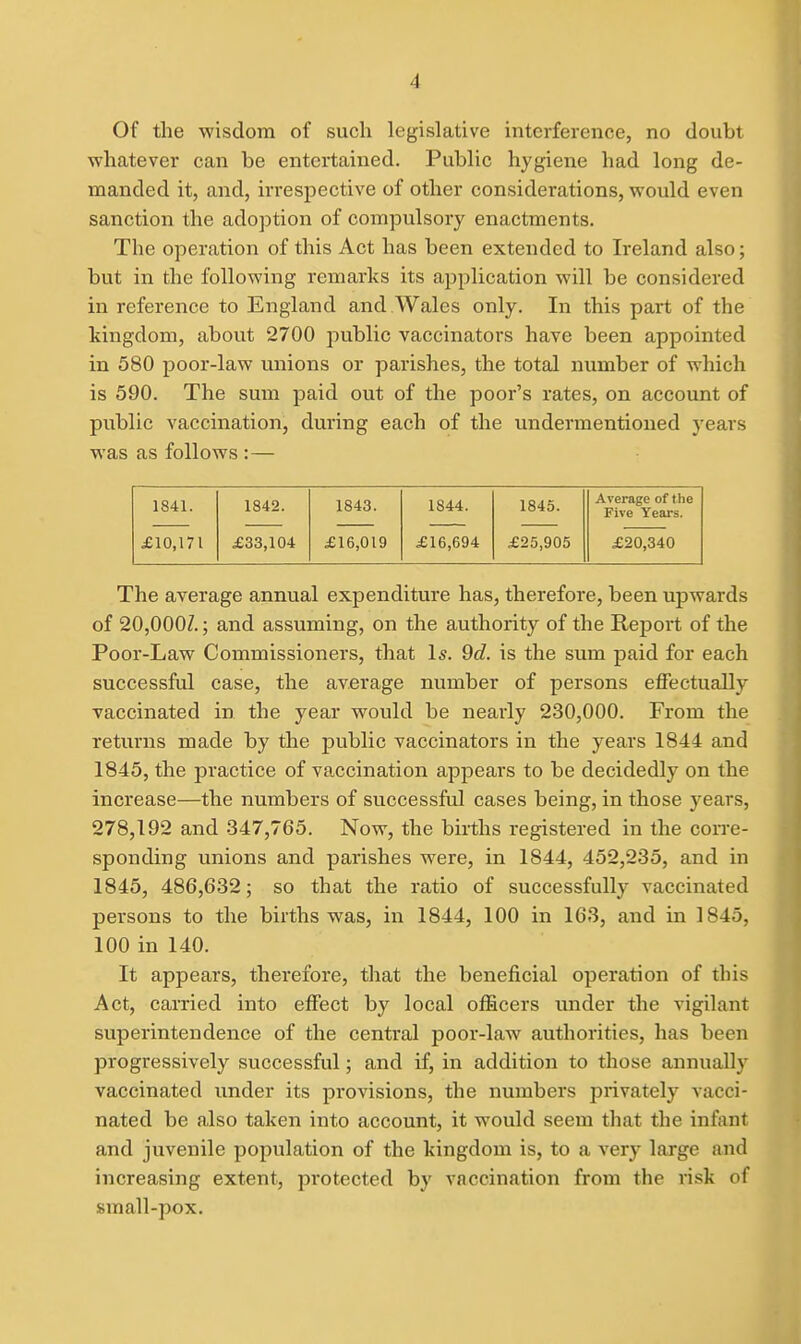 Of the wisdom of such legislative interference, no doubt whatever can be entertained. Public hygiene had long de- manded it, and, irrespective of other considerations, would even sanction the adoption of compulsory enactments. The operation of this Act has been extended to Ireland also; but in the following remarks its application will be considered in reference to England and Wales only. In this part of the kingdom, about 2700 public vaccinators have been appointed in 580 poor-law unions or parishes, the total number of which is 590. The sum paid out of the poor's rates, on account of public vaccination, during each of the undermentioned years was as follows :— 1841. 1842. 1843. 1844. 1845. Average of the Five Years. £10,171 £33,104 £16,019 £16,694 £25,905 £20,340 The average annual expenditure has, therefore, been upwards of 20,000Z.; and assuming, on the authority of the Report of the Poor-Law Commissioners, that Is. 9d. is the sum paid for each successful case, the average number of persons effectually vaccinated in the year would be nearly 230,000. From the returns made by the public vaccinators in the years 1844 and 1845, the practice of vaccination appears to be decidedly on the increase—the numbers of successful cases being, in those years, 278,192 and -347,765. Now, the births registered in the corre- sponding unions and parishes were, in 1844, 452,235, and in 1845, 486,632; so that the ratio of successfully vaccinated persons to the births was, in 1844, 100 in 163, and in 1845, 100 in 140. It appears, therefore, that the beneficial operation of this Act, carried into effect by local officers under the vigilant superintendence of the central poor-law authorities, has been progressively successful; and if, in addition to those annually vaccinated under its provisions, the numbers privately vacci- nated be also taken into account, it would seem that the infant and juvenile population of the kingdom is, to a very large and increasing extent, protected by vaccination from the risk of small-pox.