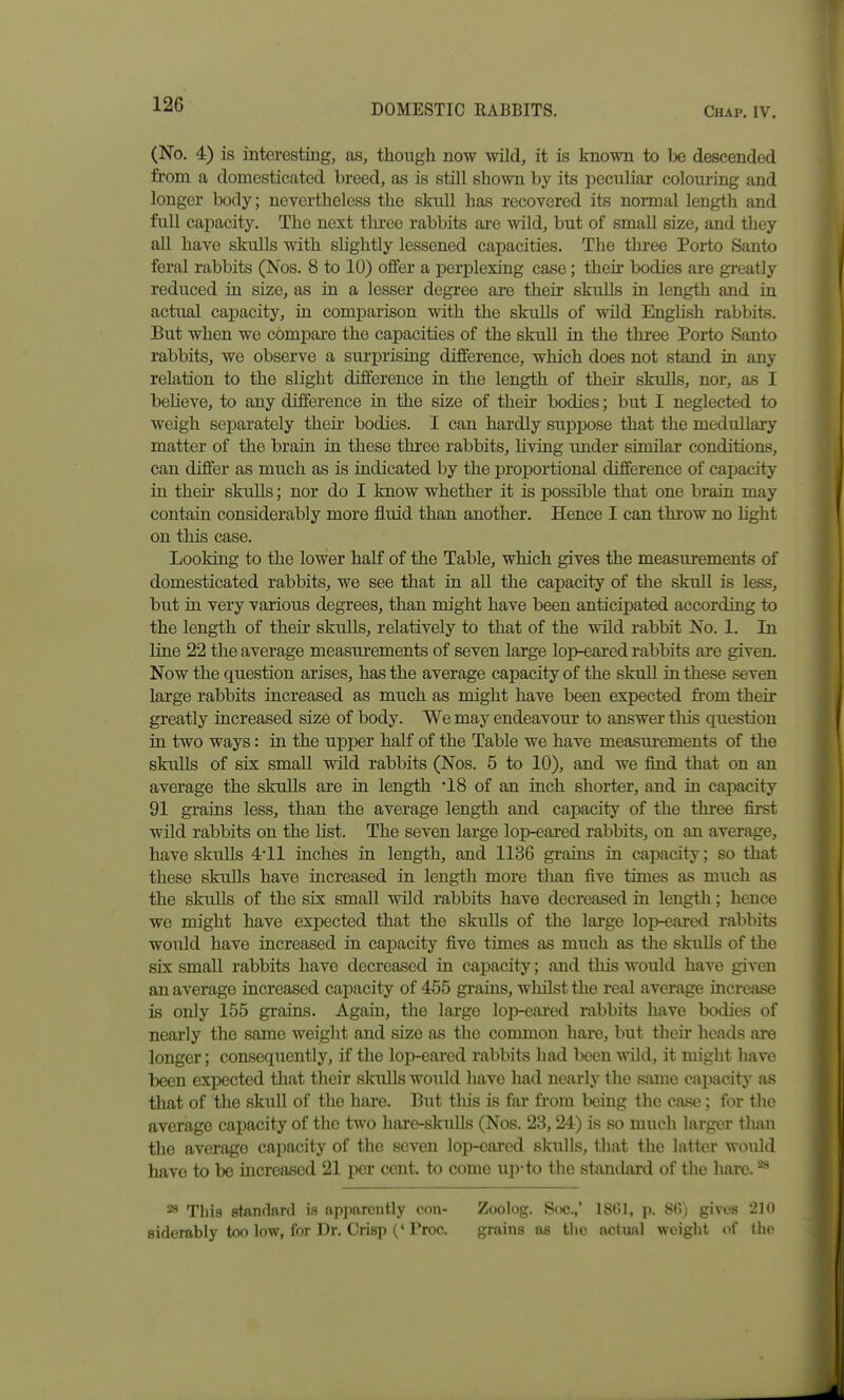 (No. 4) is interesting, as, though now wild, it is known to be descended from a domesticated breed, as is still shown by its peculiar coloxu'ing and longer body; nevertheless the slmll has recovered its nomial length and full capacity. The next three rabbits ai-e wild, but of small size, and they all have skulls with slightly lessened capacities. The three Porto Santo feral rabbits (Nos. 8 to 10) offer a perplexing case; theu- bodies are greatly reduced in size, as in a lesser degree are their skulls in length and in actual capacity, in comparison with the skulls of wild EngUsh rabbits. But when we compare the capacities of the skull in the three Porto Santo rabbits, we observe a surprising difference, which does not stand in any relation to the slight difference in the length of their skulls, nor, as I believe, to any difference in the size of their bodies; but I neglected to weigh separately theii' bodies. I can hardly suppose that the medullary matter of the brain in these thi'ee rabbits, living under similar conditions, can differ as much as is indicated by the proportional difference of capacity ill their skulls; nor do I know whether it is possible that one brain may contain considerably more fluid than another. Hence I can throw no hght on this case. Looking to the lower half of the Table, which gives the measurements of domesticated rabbits, we see that in all the capacity of the skull is less, but ia very various degrees, than might have been anticipated according to the length of their skulls, relatively to that of the wild rabbit No. 1. In line 22 the average measurements of seven large lop-eared rabbits are given. Now the question arises, has the average capacity of the skull in these seven large rabbits increased as much as might have been expected from their greatly increased size of body. We may endeavour to answer this question in two ways: in the upper half of the Table we have measui-ements of the skulls of six small wild rabbits (Nos. 5 to 10), and we find that on an average the skulls are in length '18 of an inch shorter, and in capacity 91 grains less, than the average length and capacity of the three first wild rabbits on the list. The seven large lop-eared rabbits, on an average, have skuUs 4*11 inches in length, and 1136 gi-ains in capacity; so that these skulls have increased in length more than five times as much as the skulls of the six small wild rabbits have decreased in length; hence we might have expected that the skulls of the large lop-eared rabbits would have increased in capacity five times as much as the skulls of the six small rabbits have decreased in capacity; and this would have given an average increased capacity of 455 grains, whilst the real average increase is only 155 grains. Again, the large lop-eared rabbits have bodies of nearly the same weight and size as the common hare, but their heads are longer; consequently, if the loi>eared rabbits had been wild, it might have been expected that their sloills would have had nearly the same capacity as that of the skull of the hare. But this is far from being the case; for the average capacity of the two hare-skuUs (Nos. 23,24) is so much larger than the average capacity of the seven lop-eared skulls, that the latter would have to be increased 21 per cent, to come uji-to the sttiudard of the hare. 38 This stanrlnrd is apparently con- Zoolog. Snc.,' 18(>], p. 8(1) gives 210 aiderably too low, for Dr. Crisp ('Proc. grains as the actual weight of Ihe