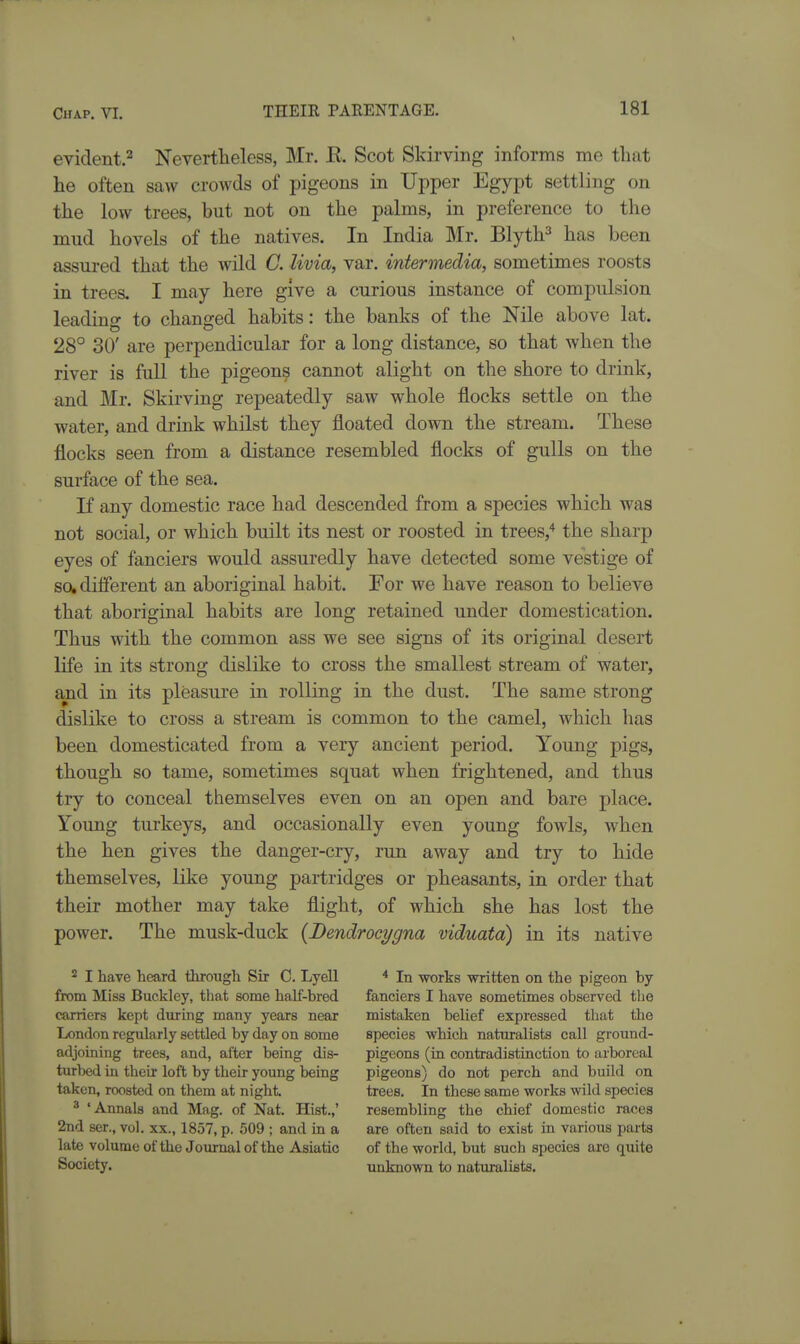 evident.^ Nevertheless, Mr. E. Scot Skirving informs me that he often saw crowds of pigeons in Upper Egypt settling on the low trees, but not on the palms, in preference to the mud hovels of the natives. In India Mr. Blyth^ has been assui*ed that the wild G. livia, var. intermedia, sometimes roosts in trees. I may here give a curious instance of compulsion leading to chansfed habits: the banks of the Nile above lat. 28° 30' are perpendicular for a long distance, so that when the river is full the pigeons cannot alight on the shore to drink, and Mr. Skirving repeatedly saw whole flocks settle on the water, and drink whilst they floated down the stream. These flocks seen from a distance resembled flocks of gulls on the surface of the sea. If any domestic race had descended from a species which was not social, or which built its nest or roosted in trees,^ the sharp eyes of fanciers would assuredly have detected some vestige of so, different an aboriginal habit. For we have reason to believe that aboriginal habits are long retained under domestication. Thus with the common ass we see signs of its original desert life in its strong dislike to cross the smallest stream of water, and in its pleasure in rolling in the dust. The same strong dislike to cross a stream is common to the camel, which has been domesticated from a very ancient period. Young pigs, though so tame, sometimes squat when frightened, and thus try to conceal themselves even on an open and bare place. Young turkeys, and occasionally even young fowls, when the hen gives the danger-cry, run away and try to hide themselves, like young partridges or pheasants, in order that their mother may take flight, of which she has lost the power. The musk-duck {Bendrocygna viduata) in its native 2 I have heard through Sir C. Lyell from Miss Buckley, that some half-bred carriers kept during many years near London regularly settled by day on some adjoining trees, and, after being dis- turbed in their loft by their young being taken, roosted on them at night. 3 'Annals and Mag. of Nat. Hist.,' 2nd ser., vol, xx., 1857, p. 509 ; and in a late volume of the Joiurnal of the Asiatic Society. * In works written on the pigeon by fanciers I have sometimes observed the mistaken belief expressed that the species which naturalists call ground- pigeons (in contradistinction to arboreal pigeons) do not perch and build on trees. In these same works wild species resembling the chief domestic races are often said to exist in various parts of the world, but such species are quite unknown to naturalists.