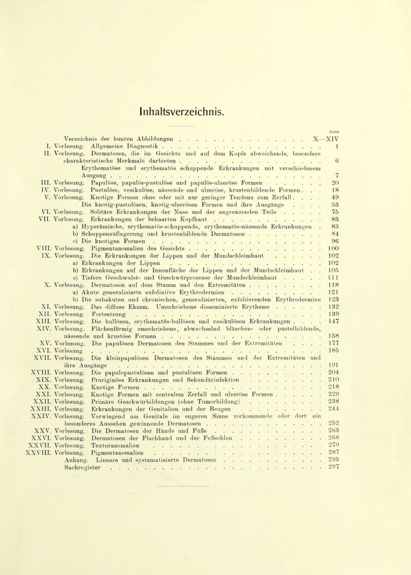 Inhaltsverzeichnis. Seite Verzeichnis der bunten Abbildungen X—XIV I. Vorlesung. Allgemeine Diagnostik 1 II. Voi'lesung. Dermatosen, die im Gesichte und auf dem Kopfe abweichende, besondere charakteristische Merkmale darbieten 6 Erythematöse und erythematös schuppende Erkrankungen mit verschiedenem Ausgang 7 III. Vorlesung. Papulöse, papulös-pustulöse und papulös-ulzeröse Formen 20 IV. Vorlesung. Pustulöse, vesikulöse, nässende und ulzeröse, krustenbildende Formen. . . 18 V. Vorlesung. Knotige Formen ohne oder mit nur geringer Tendenz zum Zerfall.... 49 Die knotig-pustulösen, knotig-ulzerösen Formen und ihre Ausgänge .... 53 VI. Vorlesung. Solitäre Erkrankungen der Nase und der angrenzenden Teile 75 VII. Vorlesung. Erkrankungen der behaarten Kopfhaut 83 a) Hyperämische, erythematös-schuppende, erythematös-nässende Erkrankungen . 83 b) Schuppenauflagernng und krustenbildende Dermatosen 84 c) Die knotigen Formen 96 VIII. Vorlesung. Pigmentanomalien des Gesichts 100 IX. Vorlesung. Die Erkrankungen der Lippen und der Mundschleimhaut 102 a) Erkrankungen der Lippen 102 b) Erkrankungen auf der Innenfläche der Lippen und der Mundschleimhaut . . 105 c) Tiefere Geschwulst- und Geschwürprozesse der Mundschleimhaut III X. Vorlesung. Dermatosen auf dem Stamm und den Extremitäten 118 a) Akute generalisierte exfoliative Erythrodermien 121 b) Die subakuten und chronischen, generalisierten, exfoliierenden Erythrodermien 123 XL Vorlesung. Das diffuse Ekzem. Umschriebene disseminierte Erytheme 132 XII. Vorlesung. Fortsetzung 139 XIII. Vorlesung. Die bullösen, erythematös-bullösen und vesikulösen Erkrankungen .... 147 XIV. Vorlesung. Flächenförmig umschriebene, abwechselnd bläschen- oder pustelbildende, nässende und krustöse Formen 158 XV. Vorlesung. Die papulösen Dermatosen des Stammes und der Extremitäten . . . . 177 XVI. Vorlesung 185 XVII. Vorlesung. Die kleinpapulösen Dermatosen des Stammes und der Extremitäten und ihre Ausgänge 191 XVIII. Vorlesung. Die papulopustulösen und pustulösen Formen 204 XIX. Vorlesung. Pruriginöse Erkrankungen und Sekundärinfektion 210 XX. Vorlesung. Knotige Formen 218 XXI. Vorlesung. Knotige Formen mit zentralem Zerfall und ulzeröse Formen 229 XXII. Vorlesiing. Primäre Geschwürbildungen (ohne Tumorbildung) 238 XXIII. Vorlesung. Erkrankungen der Genitalien und der Beugen 244 XXIV. Vorlesung. Vorwiegend am Genitale im engeren Sinne vorkommende oder dort ein besonderes Aussehen gewinnende Dermatosen 252 XXV. Vorlesung. Die Dermatosen der Hände und Füße 263 XXVI. Vorlesung. Dermatosen der Flachhand und der Fußsohlen 268 XXVII. Vorlesung. Texturanomalien 279 XXVIII. Vorlesung. Pigmentanomalien 287 Anhang. Lineare und systematisierte Dermatosen , . . 295 Sachregister 297