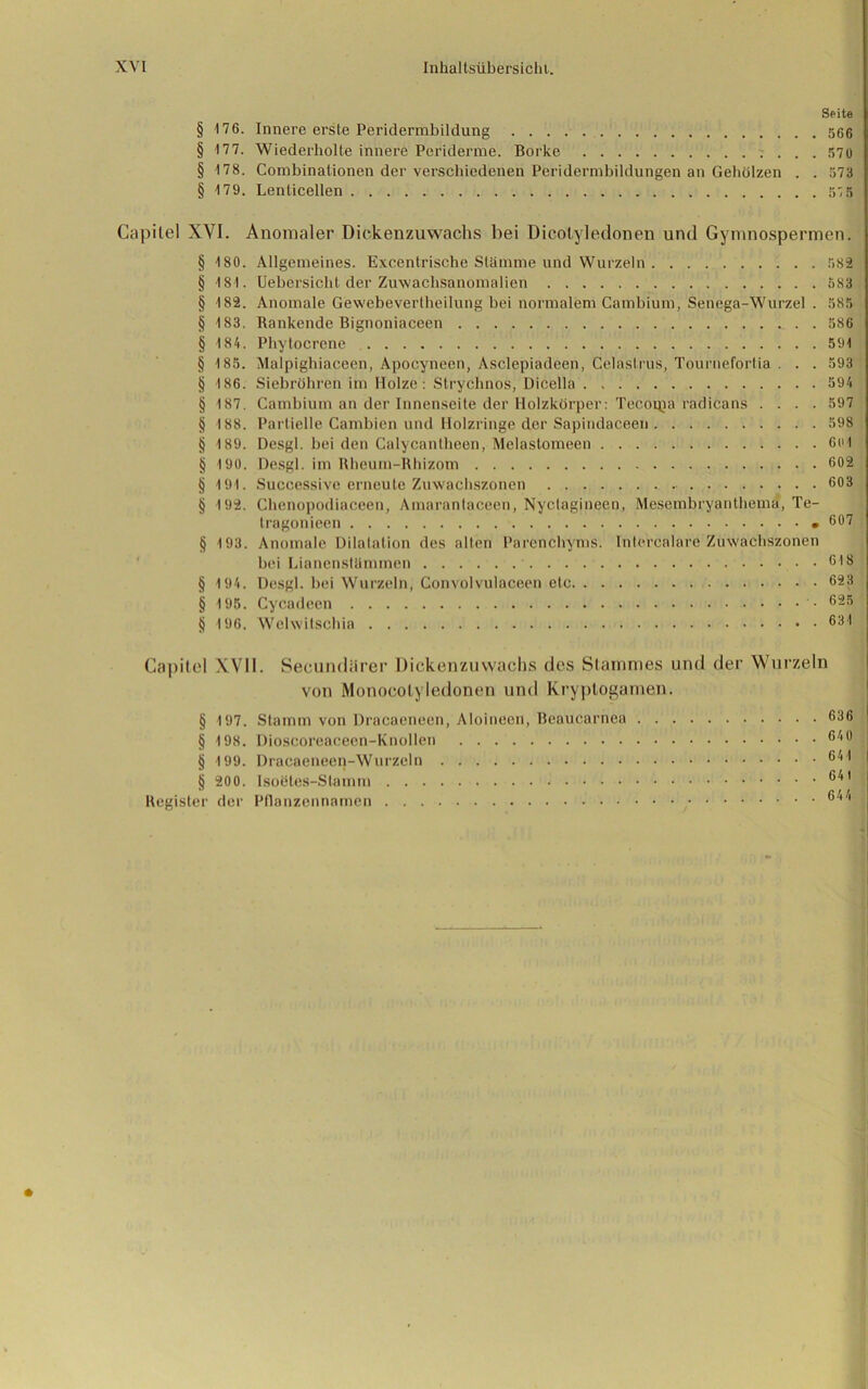 Seite § 176. Innere erste Peridermbildung 566 § 177. Wiederholte innere Periderme. Borke 570 § 178. Combinationen der verschiedenen Peridermbildungen an Gehölzen . . 573 § 179. Lenticellen 57 5 Capilel XVI. Anomaler Dickenzuwachs bei Dicolyledonen und Gymnospermen. § 180. Allgemeines. Excentrische Stämme und Wurzeln 582 § 181. Uebersicht der Zuwachsanomalien 583 § 182. Anomale Gewebevertheilung bei normalem Cambium, Senega-Wurzel . 585 § 183. Rankende Bignoniaceen 586 § 184. Phytocrene 591 § 185. Malpighiaceen, Apocyneen, Asclepiadeen, Celaslrus, Tournefortia . . . 593 § 186. Siebröhren im Holze : Strychnos, Dicella 594 § 187. Cambium an der Innenseite der Holzkörper: Tecoipa radicans .... 597 § 188. Partielle Cambien und Holzringe der Sapindaceen 598 § 189. Desgl. beiden Calycantheen, Melastomeen 601 § 190. Desgl. im Rheum-Rhizom 602 § 191. Successive erneute Zuwachszonen 603 § 192. Chenopodiaceen, Amaranlaceen, Nyctagineen, Mesembryanthema, Te- tragonieen . • • 607 § 198. Anomale Dilatation des alten Parenchyms, lnlercalare Zuwachszonen bei Lianenstämmen 618 § 194. Desgl. bei Wurzeln, Convolvulaceen etc 623 § 195. Cycadcen '• 625 tj 196. Welwitschia 631 Capitol XVII. Secundürer Dickenzuwachs des Stammes und der Wurzeln von Monocolyledonen und Kryptogamen. § 197. Stamm von Dracaeneen, Aloineen, Beaucarnea 636 § 198. Dioscoreaceen-Knollen 64 0 § 199. Dracacneen-Wurzeln 64 1 tj 200. Isoetes-Stamm 6/*1 Register der Pflanzennamen UHI