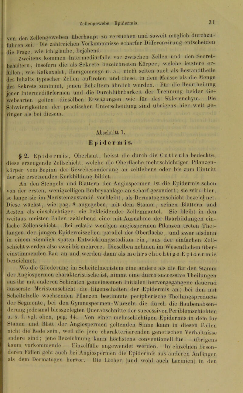 Zellengewebe. Epidermis. von den Zellengeweben überhaupt zu versuchen und soweit möglich durchzu- t'ühren sei. Die zahlreichen Vorkommnisse scharfer Diflerenzirung entscheiden die Frage, wie ich glaube, bejahend. Zweitens kommen Intermediärfälle vor zwischen Zellen und den becret- behältern, insofern die als Sekrete bezeichnten Körper, welche letztere er- füllen, wie Kalkoxalat, Harzgemenge u. a., nicht selten auch als Bestandtheile des Inhalts typischer Zellen auftreten und diese, in dem Maasse als die Menge des Sekrets zunimmt, jenen Behältern ähnlich werden, für die Beurlheilung jener Intermediärformen und die Durchführbarkeit der Irennung beider Ge- webearlen gelten dieselben Erwägungen wie für das Sklerenchym. Die Schwierigkeiten der practischen Unterscheidung sind übrigens hier weit ge- ringer als bei diesem. Abschnitt 1, E p i d e r m i s. §2. Epidermis, Oberhaut, heisst die durch die Cuticula bedeckte, diese erzeugende Zellschicht, welche die Oberfläche mehrschichtiger Pflanzen- körper vom Beginn der Gewebesonderung an zeitlebens oder bis zum Eintritt der sie ersetzenden Korkbildung bildet. An den Stengeln und Blättern der Angiospermen ist die Epidermis schon von der ersten, wenigzelligen Embryoanlage an scharf gesondert; sie wird hier, so lange sie im Meristemzustande verbleibt, als Dermatogenschicht bezeichnet. Diese wächst, wie pag. 8 angegeben, mit dem Stamm, seinen Blättern und Aesten als einschichtiger, sie bekleidender Zellenmantel. Sie bleibt in den weitaus meisten Fällen zeitlebens eine mit Ausnahme der Haarbildungen ein- fache Zellenschicht. Bei relativ wenigen angiospermen Pflanzen treten Tliei- lungen der jungen Epidermiszellen parallel der Oberfläche, und zwar alsdann in einem ziemlich späten Entwicklungsstadium ein, aus der einfachen Zell- schicht werden also zwei bis mehrere. Dieselben nehmen im Wesentlichen über- einstimmenden Bau an und werden dann als mehrschichtige Epidermis bezeichnet. Wo die Gliederung im Scheitelmeristem eine andere als die für den Stamm der Angiospermen charakteristische ist, nimmt eine durch successive Theilungen aus ihr mit anderen Schichten gemeinsamen Initialen hervorgegangene dauernd äusserste Meristemschicht die Eigenschaften der Epidermis an; bei den mit Scheitelzelle wachsenden Pflanzen bestimmte peripherische Theilungsproducte der Segmente, bei den Gymnospermen-Wurzeln die durch die Haubenabson- derung jedesmal blossgelegten Querabschnitte der successiven Periblemschichten u. s. f. vgl. oben, pag. 14. Von einer mehrschichtigen Epidermis in dem für Stamm und Blatt der Angiospermen geltenden Sinne kann in diesen Fällen nicht die Hede sein, weil die jene charakterisirenden genetischen Verhältnisse andere sind; jene Bezeichnung kann höchstens conventioneil für—übrigens kaum vorkommende — Einzelfälle angewendet werden. In einzelnen beson- deren Pällen gehl auch bei Angiospermen die Epidermis aus anderem Anfängen als dem Dermatogen hervor. Die Löcher (und wohl auch Lacinien) in den