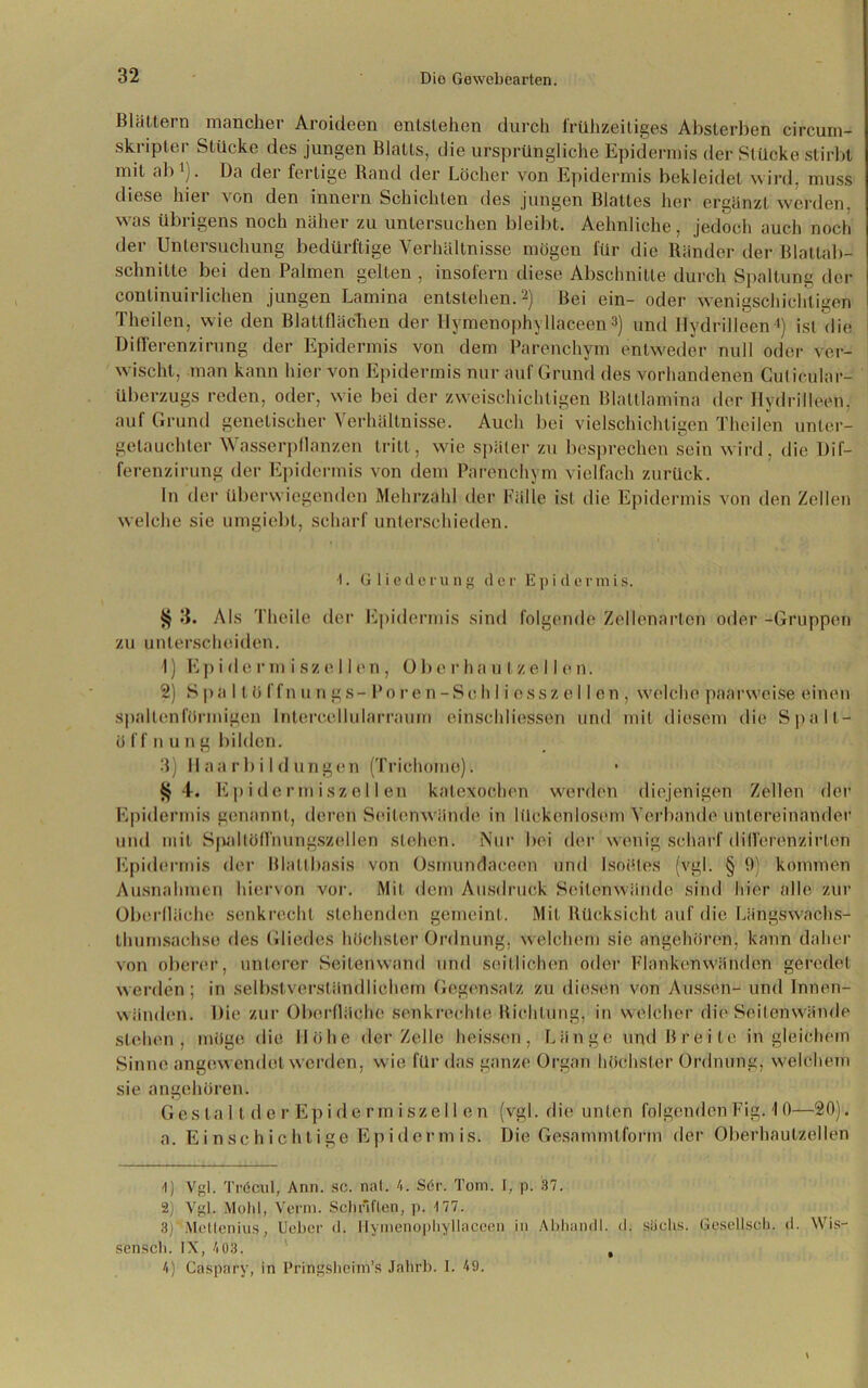 Blättern mancher Aroideen entstehen durch frühzeitiges Absterben circum- skripter Stücke des jungen Blatts, die ursprüngliche Epidermis der Stücke stirbt mit ab1). Da der fertige Rand der Löcher von Epidermis bekleidet wird, muss diese hier von den innern Schichten des jungen Blattes her ergänzt werden, was übiigens noch näher zu untersuchen bleibt. Aehnliche, jedoch auch noch der Untersuchung bedürftige Verhältnisse mögen für die Ränder der Blattab- schnitte bei den Palmen gelten , insofern diese Abschnitte durch Spaltung der conlinuirlichen jungen Lamina entstehen.2) Bei ein- oder wenigschichtigen Theilen, wie den Blatlflächen der Hymenophyllaceen3 4) und Hydriileen ») ist die Differenzirung der Epidermis von dem Parenchym entweder null oder ver- wischt, man kann hier von Epidermis nur auf Grund des vorhandenen Cuticular- überzugs reden, oder, wie bei der zweischichtigen Blattlamina der Hydriileen. auf Grund genetischer Verhältnisse. Auch bei vielschichtigen Theilen unler- getauchter Wasserpflanzen tritt, wie später zu besprechen sein wird, die Dif- ferenzirung der Epidermis von dem Parenchym vielfach zurück. ln der überwiegenden Mehrzahl der Fälle ist die Epidermis von den Zellen welche sie umgiebt, scharf unterschieden. I. Gliederung der E p i d e r m i s. 4$ 3. Als Theile der Epidermis sind folgende Zellenarten oder -Gruppen zu unterscheiden. 1) Ep i d e r m i sz e Men, Obe r h a u I zell e n. 2) S p a 11 ö ffn u n g s - Po re n - Sc h I i essz e 11 en , w'eiche paarweise einen spalten förmigen Intercellularraum einsehliessen und mit diesem die Spall — ö ff n u ng bilden. 3) llaarbildungen (Triehome). 4$ 4-. Ep i de rmisfte 11 en katexochen werden diejenigen Zellen der Epidermis genannt, deren Seilenwände in lückenlosem Verbände untereinander und mit Spaltöflhungszellen stehen. Nur bei der wenig scharf dilferenzirlen Epidermis der Blattbasis von Osmundaceen und Isoöles (vgl. § 9) kommen Ausnahmen hiervon vor. Mit dem Ausdruck Seilenwäildo sind hier alle zur Oberfläche senkrecht stehenden gemeint. Mit Rücksicht auf die Längswachs- thumsachse des Gliedes höchster Ordnung, welchem sie angehören, kann daher von oberer, unterer Seitenwand und seitlichen oder Flankenwänden geredet werden; in selbstverständlichem Gegensatz zu diesen von Aussen- und Innen- wänden. Die zur Oberfläche senkrechte Richtung, in welcher die Seitenwände stehen, möge die Höhe der Zelle heissen, Länge und Breite in gleichem Sinne angew endet werden, w ie für das ganze Organ höchster Ordnung, welchem sie angehören. Geslal t der Epidermiszell en (vgl. die unten folgendenFig. \ 0—20). a. Einschichtige Epidermis, Die Gesammtform der Oberhautzellen 4) Vgl. Tröcul, Ann. sc. nat. 4. S6r. Tom. t, p. 37. 2) Vgl. Mohl, Vorm. Schriften, p. 4 77. 3) Mcüenius, Ueber <1. Hymenophyllaceen in Abhanrll. tl. süchs. Gesellsch. d. Wis- sensch. IX, 403. , 4) Caspary, in Pringsheim’s Jahrb. 1. 49.