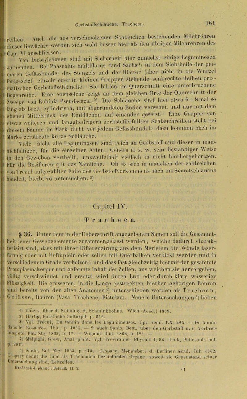 Gerbsloffschläuche. Tracheen. reihen Auch die aus verschmolzenen Schläuchen bestehenden Milchröhren dieser Gewächse werden sich wohl besser hier als den übrigen Milchröhren des (Cap. VI anschliessen. Von Dicotyledonen sind mit Sicherheit hier zunächst einige Leguminosen zu nennen. Bei Phaseolns multiflorus fand Sachs1) in dem Siebtheile der pri- , mären Gefässbündel des Stengels und der Blätter (aber nicht in die Wurzel ' fortgesetzt) einzeln oder in kleinen Gruppen stehende senkrechte Reihen pris- I inatischer Gerbstolfschläuche. Sie bilden im Querschnitt eine unterbrochene Bogenreihe. Eine ebensolche zeigt an dem gleichen Orte der Querschnitt der' Zweige von Robinia Pseudacacia.2) Die Schläuche sind hier etwa 6 8 mal so lang als breit, cylindrisch, mit abgerundeten Enden versehen und nur mit dem ebenen Mittelstück der Endflächen auf einander gesetzt. Eine Gruppe von etwas weiteren und langgliedrigern gerbstofferfüllten Schlauchreihen steht bei diesem Baume im Mark dicht vor jedem Gefässbündel; dazu kommen noch im Marke zerstreute kurze Schläuche. Viele, nicht alle Leguminosen sind reich an Gerbstoff und dieser in man- nichfaltiger, für die einzelnen Arten, Genera u. s. w. sehr beständiger Weise in den Geweben vertheilt, unzweifelhaft vielfach in nicht hierhergehörigen. Für die Rosifioren gilt das Nämliche. Ob es sich in manchen der zahlreichen vonTrecul aufgezählten Fälle des Gerbsloffvorkommens auch umSecretschläuche handelt, bleibt zu untersuchen.3) Capitel IV. T r a chee n. § 36. Unter dem in derUeberschrift angegebenen Namen soll die Gesammt- heil jener Gewebeelemenle zusammengefasst werden, welche dadurch charak- terisirt sind, dass mit ihrer Difierenzirung aus dem Meristem die Wände faser- förmig oder mit Iloflüpfeln oder selten mit Querbalken verdickt werden und in verschiedenem Grade verholzen; und dass fast gleichzeitig hiermit der gesummte Proloplasmakörper und geformte Inhalt der Zellen, aus welchen sie hervorgehen, völlig verschwindet und ersetzt wird durch Luft oder durch klare wässerige Flüssigkeit. Die grösseren, in die Länge gestreckten hierher gehörigen Röhren sind bereits von den alten Anatomen4) unterschieden worden als Tracheen, Ge fasse, Röhren (Vasa, Tracheae, Fistulae). Neuere Untersuchungen5) haben 1) Unters, überd. Keimung d. Schminkbohne. Wien (Acad.) 1859. 2; Hurtig, Forstliche Culturpfl. p. 546. 3) Vgl. Tröcul, Du tannin dans les Legumineuses. Cpt. rend. LX, 225. — Du lannin dans les Rosacöes. Ibid. )> 1035. — S. auch Sanio, Bern, über den Gerbstoff u. s. Verbrei- tung etc. Bot. Ztg. 1863, p. 17. — Wigand, ibid. 1862, p. 121. — 4) Malpighi, Grew, Anal, plant. Vgl. Treviranus, Physiol. I, 82. Link, Philosoph, bot. p. 90 IT. 5) Sanio, Bot. Ztg. 1863, p. 113. Caspary, Menatsber. d. Berliner Acad. Juli 1862. I Caspary nennt die hier als Tracheideu bezeichneten Organe, soweit sie Gegenstand seiner Untersuchung sind, Leitzellen. Handbuch d. physiol. Botanik. II. 2. \ k