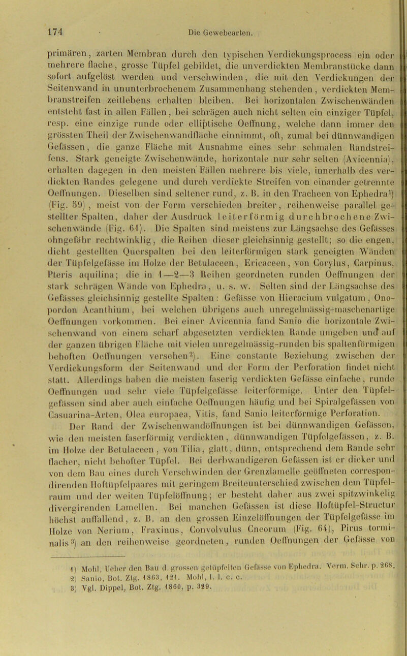primären, zarten Membran durch den typischen Verdickungsprocess ein oder mehrere flache, grosse Tüpfel gebildet, die unverdieklen Membranstücke dann sofort aufgelöst werden und verschwinden, die mit den Verdickungen der Seitenwand in ununterbrochenem Zusammenhang stehenden , verdickten Mem- branstreifen zeitlebens erhallen bleiben. Bei horizontalen Zwischenwänden entsteht fast in allen Fällen, bei schrägen auch nicht selten ein einziger Tüpfel, resp. eine einzige runde oder elliptische Qefl'nung, welche dann immer den grössten Theil der Zwischenwandfläche einnimmt, oft, zumal bei dünnwandigen Gefässen, die ganze Fläche mit Ausnahme eines sehr schmalen Handslrei- fens. Stark geneigte Zwischenwände, horizontale nur sehr selten (Avicennia), erhalten dagegen in den meisten Fällen mehrere bis viele, innerhalb des ver- dickten Randes gelegene und durch verdickte Streifen von einander getrennte Oeflhungen. Dieselben sind seltener rund, z. B. in den Tracheen von Ephedra1) (Fig. 59), meist von der Form verschieden breiter, reihenweise parallel ge- stellter Spalten, daher der Ausdruck Leiterförmig durchbrochene Zwi- schenwände (Fig. (H). Die Spalten sind meistens zur Längsachse des Gefässes ohngefähr rechtwinklig, die Reihen dieser gleichsinnig gestellt; so die engen, dicht gestellten Querspalten bei den leiterförmigen stark geneigten Wänden der Tüpfelgefässe im Holze der Belulaceen, Ericaceen, von Corylus, Garpinus, Pleris aquilina; die in I—*2—3 Reihen geordneten runden Oeflhungen der stark schrägen Wände von Ephedra, u. s. w. Selten sind der Längsachse des Gefässes gleichsinnig gestellte Spalten: Gefässe von llieracium vulgatum, Ono- pordon Aoanlhium, bei welchen übrigens auch unregelmässig-maschenarlige Oeflhungen Vorkommen. Bei einer Avicennia fand Saldo die horizontale Zwi- schenwand von einem scharf abgeselzten verdickten Rande umgeben und auf der ganzen übrigen Fläche mit vielen unregelmässig-runden bis spaltenförmigen behoflen Oeflhungen versehen2 3). Eine conslanle Beziehung zwischen der Verdickungsform der Seilenwand und der Form der Perforation findet nicht statt. Allerdings haben die meisten faserig verdickten Gefässe einfache, runde Oeflhungen und sehr viele Tüpfelgefässe leiterförmige. Unter den Tüpfel- gelassen sind aber auch einfache Oeflhungen häufig und bei Spiralgefässen von Casuarina-Arten, Olea europaea, Vitis, fand Sanio leiterförmige Perforation. Der Rand der Zwischenwandöffnungen isL bei dünnwandigen Gefässen, wie den meisten faserförmig verdickten, dünnwandigen Tüpfelgelassen, z. B. im Holze der Belulaceen , von Tilia, glatt, dünn, entsprechend dem Rande sehr flacher, nicht behofler Tüpfel. Bei derbwandigeren Gefässen ist er dicker und von dem Bau eines durch Verschwinden der Grenzlamelle geöffneten correspon- direnden lloftüpfeipaares mit geringem Breiteunterschied zwischen dem Tüpfel- raum und der weiten Tiipfelöflhung; er besieht daher aus zwei spitzwinkelig divergirenden Lamellen. Bei manchen Gefässen ist diese Hoflüpfel-Structur höchst auffallend, z. B. an den grossen Einzelöffnungen der Tüpfelgefässe im Holze von Nerium, Fraxinus, Convolvulus Cneorum (Fig. 64), Pirus tormi- nalis:$) an den reihenweise geordneten, runden Oeflhungen der Gefässe von 1) Mohl, Ueber den Bau <1. grossen getüpfelten Gefiisse von Ephedra. Venn. Sehr. p. 26S. 2) Sanio, Bot. Zig. 1863, 121. Mohl, 1. 1. c. c. 3) Vgl. Dippel, Bot. Ztg. 1860, p. 329.