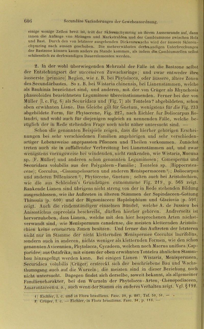 einige wenige Zellen breit ist, tritt der Sklerenchymring an ihrem Aussenrande auf, dann innen die Anfänge von Strängen und Markstrahlen und der Carnbiumzone zwischen Holz und Bast. Durch den von letzterer ausgehenden Dickenzuwachs wird der äussere Skleren- chymring nach aussen geschoben. Die mehrerwähnten derbwandigen Unterbrechungen der Bastzone können kaum anders zu Stande kommen, als indem die Cambiumzellen selbst schliesslich zu derbwandigen Dauerelementen werden. 2. In der wohl überwiegenden Mehrzahl der Fälle ist die Bastzone selbst der Entstehungsorl der successiven Zuwachsringe; und zwar entweder ihre äusserste (primäre) Region, wie z. B. bei Phytolacca, oder äussere, ältere Zonen des Secundärbastes. So z. B. bei Wistaria chinensis, bei Lianen Stämmen, welche als Bauhinia bezeichnet sind, und anderen, mit der von Crüger als Rhynchosia phaseoloides bezeichnelen Leguminose übereinstimmenden. Ferner bei der von Müller (1. c. Fig. 6) als Securidaca und (Fig.7) als Tontelea? abgebildeten, schon oben erwähnten Liane. Das Gleiche gilt für Gnetum, wenigstens l‘Ur.die Fig. 233 abgebildete Form, für Phytoerene, Fig. 227, nach Eichler für Doliocarpus Ro- landri, und wohl auch für diejenigen sogleich zu nennenden Fälle, welche be- züglich der in Rede stehenden Frage noch nicht näher untersucht sind. — Schon die genannten Beispiele zeigen, dass die hierher gehörigen Erschei- nungen bei sehr verschiedenen Familien ungehörigen und sehr verschieden- artiger Lebensweise angepassten Pflanzen und Theilen Vorkommen. Zunächst treten auch sie in auffallender Verbreitung bei Lianenstämmen auf, und zwar wenigstens vorzugsweise bei windenden, nicht rankenden, wie Wistaria, Mucuna sp. (F. Müller) und anderen schon genannten Leguminosen; Comesperma und Securidaca volubilis aus der Polygaleen - Familie; Tontelea sp. (Ilippocratea- ceae); Cocculus, -Cissampelosarten und anderen Menispermaceen '); Doliocarpus und anderen Dilleniafcen1 2), Phytoerene, Gnetum; selten auch bei Aristolochien, wie die aus Schleiden’s Grundzügen entnommene Fig. 219, p. 565 zeigt. Rankende Lianen sind übrigens nicht streng von der in Rede stehenden Bildung ausgeschlossen, wie ihr Auftreten in älteren Stämmen der Sapindaceen-Gattung Thinouia (p. 600) und der Bignoniaeeen Haplolophium und Glaziovia (p. 591) zeigt. Auch die rindenständigeir einzelnen Bündel, welcheA. de Jussieu bei Anisostichus capreolata beschreibt, dürften hierher gehören. Andrerseits ist hervorzuheben, dass Lianen, welche mit den hier besprochenen Arten nächst- verwandt sind, wie Menispermum canadense, die meisten kletternden Arislolo- chien keine erneuerten Zonen besitzen. Und ferner das Auftreten der letzteren nicht nur im Stamme der nicht kletternden Menispermee Cocculus laurifolius, sondern auch in anderen, nichts weniger als kletternden Formen, wie den schon genannten Avicennien, Phytolacca, Cycadeen, welchen noch Maerua unillora (Cap- paridee) aus Ostafrika, mit einem der oben erwähnten Tontelea ähnlichen Stamm- bau hinzugefügl werden kann. Bei einigen Lianen : Wistaria, Menispermeen, Securidaca volubilis (Crüger) erstreckt sich der beschriebene Bau und Wachs- thumsgang auch auf die Wurzeln; die meisten sind in dieser Beziehung noch nicht untersucht. Dagegen findet sich derselbe, soweit bekannt, als allgemeiner Familiencharakter, bei den Wurzeln der Phytolacca-Arten, Chenopodiaceen, Amarantaceenu. a., auch wenn der Stamm ein anderes Verhalten zeigt. Vgl.§192. 1) Eichler, 1. c. und in Flora Brasiliens. Fase. 38, p. 207, Taf. 50, 51. — • 2) Crüger, 1. c. — Eichler,-in Flora Brasiliens. Fase. 31, p. HG. —