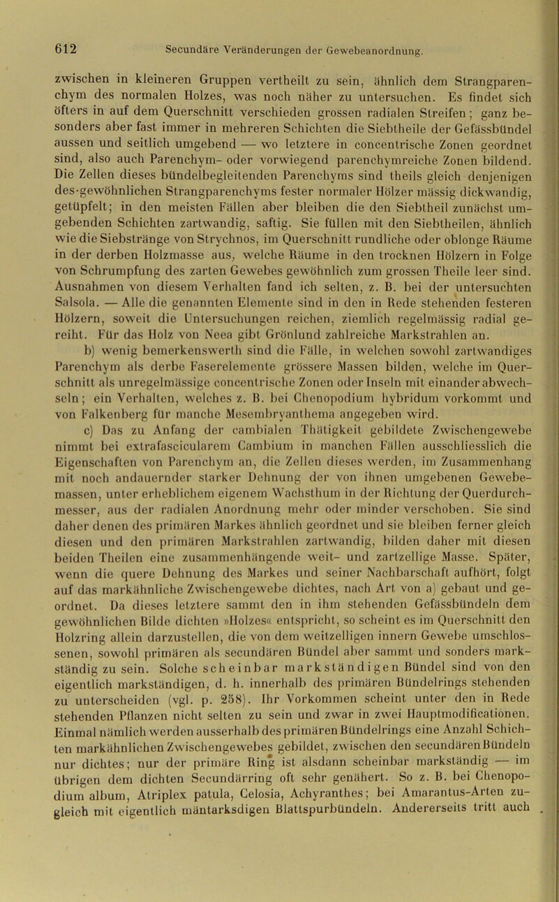 zwischen in kleineren Gruppen vertheill zu sein, ähnlich dem Strangparen- chym des normalen Holzes, was noch näher zu untersuchen. Es findet sich öfters in auf dem Querschnitt verschieden grossen radialen Streifen ; ganz be- sonders aber fast immer in mehreren Schichten die Siebtheile der Gefässbündel aussen und seitlich umgebend — wo letztere in concentrische Zonen geordnet sind, also auch Parenchym- oder vorwiegend parenchymreiche Zonen bildend. Die Zellen dieses bündelbegleitenden Parenchyms sind theils gleich denjenigen des-gewöhnlichen Strangparenchyms fester normaler Hölzer mässig dickwandig, getüpfelt; in den meisten Fällen aber bleiben die den Siebtheil zunächst um- gebenden Schichten zartwandig, saftig. Sie füllen mit den Siebtheilen, ähnlich wie die Siebstränge von Strychnos, im Querschnitt rundliche oder oblonge Räume in der derben Holzmasse aus, welche Räume in den trocknen Hölzern in Folge von Schrumpfung des zarten Gewebes gewöhnlich zum grossen Theile leer sind. Ausnahmen von diesem Verhallen fand ich selten, z. R. bei der untersuchten Salsola. — Alle die genannten Elemente sind in den in Rede stehenden festeren Hölzern, soweit die Untersuchungen reichen, ziemlich regelmässig radial ge- reiht. Für das Holz von Neea gibt Grönlund zahlreiche Markstrahlen an. b) wenig bemerkenswerth sind die Fälle, in welchen sowohl zarlwandiges Parenchym als derbe Faserelemenle grössere Massen bilden, welche im Quer- schnitt als unregelmässige concentrische Zonen oder Inseln mit einander abwech- seln ; ein Verhalten, welches z. B. bei Chenopodium hybridum vorkommt und von Falkenberg für manche Mesembryanthema angegeben wird. c) Das zu Anfang der cambialen Thäligkeit gebildete Zwischengewebe nimmt bei extrafascieularem Cambium in manchen Fällen ausschliesslich die Eigenschaften von Parenchym an, die Zellen dieses werden, im Zusammenhang mit noch andauernder starker Dehnung der von ihnen umgebenen Gewebe- massen, unter erheblichem eigenem Wachsthum in der Richtung der Querdurch- messer, aus der radialen Anordnung mehr oder minder verschoben. Sie sind daher denen des primären Markes ähnlich geordnet und sie bleiben ferner gleich diesen und den primären Markstrahlen zartwandig, bilden daher mit diesen beiden Tlieilen eine zusammenhängende weil- und zartzellige Masse. Später, wenn die quere Dehnung des Markes und seiner Nachbarschaft aufhört, folgt auf das markähnliche Zwischengewebe dichtes, nach Art von a) gebaut und ge- ordnet. Da dieses letztere samml den in ihm stehenden Gefässbündeln dem gewöhnlichen Bilde dichten »Holzes« entspricht, so scheint es im Querschnitt den Holzring allein darzustellen, die von dem weitzeiligen innern Gewebe umschlos- senen, sowohl primären als secundären Bündel aber samml und sonders mark- ständig zu sein. Solche scheinbar markständigen Bündel sind von den eigentlich markständigen, d. h. innerhalb des primären Bündelrings stehenden zu unterscheiden (vgl. p. 258). Ihr Vorkommen scheint unter den in Rede stehenden Pflanzen nicht selten zu sein und zwar in zwei Hauptmodificatiönen. Einmal nämlich werden ausserhalb des primären Bündelrings eine Anzahl Schich- ten markähnlichen Zwischengewebes gebildet, zwischen den secundärenBündeln nur dichtes; nur der primäre Ring ist alsdann scheinbar markständig — im übrigen dem dichten Secundärring oft sehr genähert. So z. B. bei Chenopo- dium album, Atriplex patula, Celosia, Achyranthes; bei Amarantus-Arlen zu- gleich mit eigentlich mäntarksdigen Blatlspurbündeln. Andererseits tritt auch