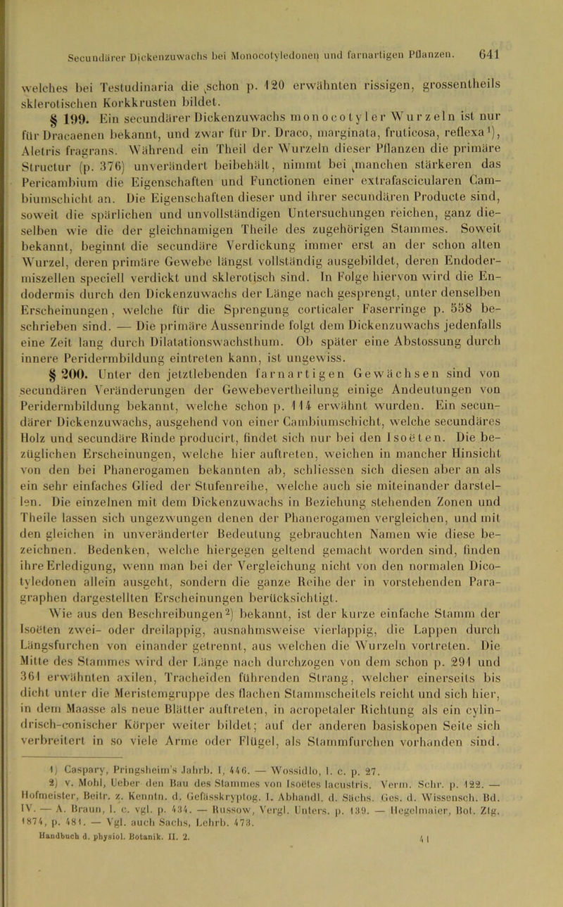 welches bei Tesludinaria die vschon p. 120 erwähnten rissigen, grossentheils sklerotischen Korkkrusten bildet. § 109. Ein secundärer Dickenzuwachs monocolyler Wurzeln ist nur für Dracaenen bekannt, und zwar für Dr. Draco, marginala, fruticosa, reflexa1), Aletris fragrans. Während ein Theil der Wurzeln dieser Pflanzen die primäre Structur (p. 376) unverändert beibehält, nimmt bei ^manchen stärkeren das Pericambium die Eigenschaften und Functionen einer extrafascicularen Cam- biumschicht an. Die Eigenschaften dieser und ihrer secundären Producte sind, soweit die spärlichen und unvollständigen Untersuchungen reichen, ganz die- selben wie die der gleichnamigen Theile des zugehörigen Stammes. Soweit bekannt, beginnt die secundäre Verdickung immer erst an der schon alten Wurzel, deren primäre Gewebe längst vollständig ausgebildet, deren Endoder- miszellen speciell verdickt und sklerotisch sind. In Folge hiervon wird die En- dodermis durch den Dickenzuwachs der Länge nach gesprengt, unter denselben Erscheinungen , welche für die Sprengung corticaler Faserringe p. 558 be- schrieben sind. — Die primäre Aussenrinde folgt dem Dickenzuwachs jedenfalls eine Zeit lang durch Dilatationswachsthum. Ob später eine Abslossung durch innere Peridermbildung eintreten kann, ist ungewiss. § 200. Unter den jetztlebenden farnartigen Gewächsen sind von secundären Veränderungen der Gewebevertheilung einige Andeutungen von Peridermbildung bekannt, welche schon p. 114 erwähnt wurden. Ein secun- därer Dickenzuwachs, ausgehend von einer Cambiumschicht, welche secundäres Holz und secundäre Rinde producirt, findet sich nur bei den Isoöten. Die be- züglichen Erscheinungen, welche hier auftreleu, weichen in mancher Hinsicht von den bei Phanerogamen bekannten ab, scldiessen sich diesen aber an als ein sehr einfaches Glied der Stufenreihe, welche auch sie miteinander darstel- len. Die einzelnen mit dem Dickenzuwachs in Beziehung stehenden Zonen und Theile lassen sich ungezwungen denen der Phanerogamen vergleichen, und mit den gleichen in unveränderter Bedeutung gebrauchten Namen wie diese be- zeichnen. Bedenken, welche hiergegen geltend gemacht worden sind, finden ihre Erledigung, wenn man bei der Vergleichung nicht von den normalen Dico- tvledonen allein ausgeht, sondern die ganze Reihe der in vorstehenden Para- graphen dargestellten Erscheinungen berücksichtigt. Wie aus den Beschreibungen2) bekannt, ist der kurze einfache Stamm der Isoeten zwei- oder dreilappig, ausnahmsweise vierlappig, die Lappen durch Längsfurchen von einander getrennt, aus welchen die Wurzeln vortreten. Die Mitte des Stammes wird der Länge nach durchzogen von dem schon p. 291 und 361 erwähnten axilen, Tracheiden führenden Strang, welcher einerseits bis dicht unter die Meristemgruppe des flachen Slammscheilels reicht und sich hier, in dem Maasse als neue Blätter auftreten, in acropelaler Richtung als ein cy 1 in— drisch-conischer Körper weiter bildet; auf der anderen basiskopen Seile sich verbreitert in so viele Arme oder Flügel, als Stammfurchen vorhanden sind. 1) Caspary, Pringsheim’s Jahrb. I, 446. — Wossidlo, 1. c. p. 27. 2) v. Mohl, Ueber den Bau des Stammes von Isoeies lacustris. Venn. Sehr. p. 122. — Hofmeister, Beitr. z. Kenntn. d. Gefüsskryptog. I. Abhandl. d. Stichs, lies. d. Wissensch. Bd. IV. — A. Braun, I. c. vgl. p. 434. — Bussow, Vergl. Unters, p. 139. — Hegelmaier, Bot. Zig. 1874, p. 481. — Vgl. auch Sachs, Lehrb. 473. Handbuch d. pliysiol. Botanik. II. 2. r, \