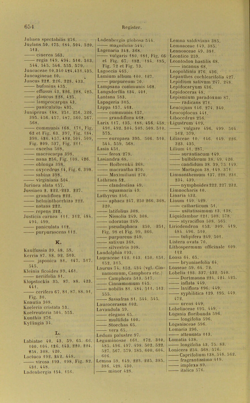 .lubaea speclabilis 276. Juglans 50. 175. 184. 504. 520. 513. cinerea 563. — regia 149. 494. 510. 513. 544. 545. 546. 555. 579. Juncaceae 10.340 424.431.435. Juncagineae 10. Juncus 222. 226. 228. 433. bufonius 4 35. efTusus 43. 226. 228. 425. glaucus 228. 425. lamprocarpus 43. paniculalus 435. •luniperus 188. 251. 256. 320. 395. 4 56. 457. 4 87. 560. 567. 568. communis 168. 171, Fig. 62 et Fig. 63. 397, Fig. 184. 398. 426. 457.482.504. 509, Fig. 209. 537, Fig. 211. excelsa 508. maerocarpa 398. nana 256, Fig. 108. 426. oblonga 398. oxycedrus 14, Fig. 6. 398. sabina 398. virginiana 504. Jurinea alala 4 57. Jussiaea 2. 222. 223. 227. grandillora 222. helminthorrhiza 222. natans 222. repens 222. .lusticia carnea 111. 312. 484. 494. 499. paniculata 4 12. purpurascens 112. K. Knulfussin 89. 48. 58. Kerrie 87. 88. 92. 510. japonica 81. 147. 517. 54 5. Kleinia flcoides 89. 461. neriifolia 81. Klopslockia 35. 87. 88. 423. 4 41. cerifera 67. 81.87. 88. 91, Fig. 30. Knaulia 308. Koeleria crislala 53. Koelreuteria 504. 555. Kuntbia 276. Kyllingia 34. L. Labialae 4 0. 43. 59. 65. 66. 100. 104. 126. 143.220.224. 254. 308. 420. Lactuca 192. 242. 448. virosa 193. 198, Fig. 82. 434. 448. Ladenbergia 154. 156. Ladenbeigia globosa 544. magnil'olia 54 4. Lagenaria 242. 368. vulgaris 180. 181, Fig. 66 et Fig. 67. 182. 184. ’l85, Fig. 72 et Fig. 73. Lagoecia 465. Lamium album 100. 127. -purpureum 70. Lampsana communis 462. Langsdorffia 1 34 . 401 . Laniana 583. Lapageria 315. Lappa 157. 462. communis 4 57. grandiflora 462. Larix 117. 4 35. 4 88. 456. 458. 491. 492.504.505.508.510. 575. europaea 395. 506. 510. 544. 559. 568. Lasia 4 51. ferox 279. Lasiandra 68. Hoibrenkii 268. macrantha 270. Maximiliani 270. Lalhraea 52. clandestina 49. squamaria 49. Lathyrus 246. aphaca 247. 250 266. 308. 320. latifolius 308. Nissolia 249. 308. odoratus 249. pseudaphaca 250. 251, Fig. 98 et Fig. 99. 266. purpureus 249. sativus 368. silveslris 308. Landolphia 4 93. Lauraceae 1 42. 1 43. 4 50. 1 51. 152. 315. Laurus 74. 1 52. 434 (vgl. Cin- namomum, Camphora etc.) Campbora 543. 517. Cinnamomum 145. nobilis 81. 484. 51 1. 513. 555. Sassafras 81. 544. 545. Laurocerasus 102. Lavandula 59. elegans 65. mullifida 100. Stoechas 65. vera 65. Ledum palustre 97. Leguminosae 1 61. 4 72. 31 0. 485. 496. 497.498. 502.522. 527. 567. 579. 585. 600. 604. 606. Lemna 59. 4 49. 223. 225. 385. 386. 428. 430. minor 428. Lemna valdiviann 385. [ Lemnaceae 4 49. 385. Lennoaceae 49. 381. Leonlice 259. Leontodon hastilis 68. incanus 68. Leopoldinia 276. 436. Lopanthes cochlearifolia 427. Lepidium sativum 247. 248. Lepidocaryum 436. Lepidoceras 48. Lepismium paradoxum 87. radicans 271. Leucojum 1 46. 274. 340. Leucoplocus 4 41. Libocedrus 256. Ligustrum 419. vulgare 496. 499. 504. 512. 579. Liliaceae 10. 146. 4 49. 226. 323. 435. Lilium 41. 287. aurantiacum 149. bulbiferum 38. 49. 426. candidum 38. 39.75. 149. Martagon 38. 1 49. 371. Limnanlhemum 137. 228. 231. 234. 439. nymphoides 222.227.232. Limnocbaris 10. Linaria 432. Linum 1 40. 429. catharticum 51. usitatissimum 13. 138. Liquidainbar 121. 508. 578. styraciflua 508. 565. Liriodendron 152. 309. 419. 484. 4 96. 510. tulipifera 249. 501. Lislera ovala 70. Lithospermum officinale 109. 112 Loasa 64. 65. bryoniaefolia 64. I.oaseae 59. 64. 72. Lobelia 193. 337. 432. 540. Dortmanna 224. 424. 425. inflata 449. laxiflora 196. 449. syphilitica 129. 195. 449. 472. urens 449. Lobeliaceae 195. 449. Logania lloribunda 596. longifolia 596. Loganiaceae 596. Lomaria 296. attenuata 113. Lomalia 4 38. longifolia 43. 75. 83. Lonicera 254. 568. 576. Caprifolium 138. 548. 562. fragrantissima 419. implexa 89. italica 576.