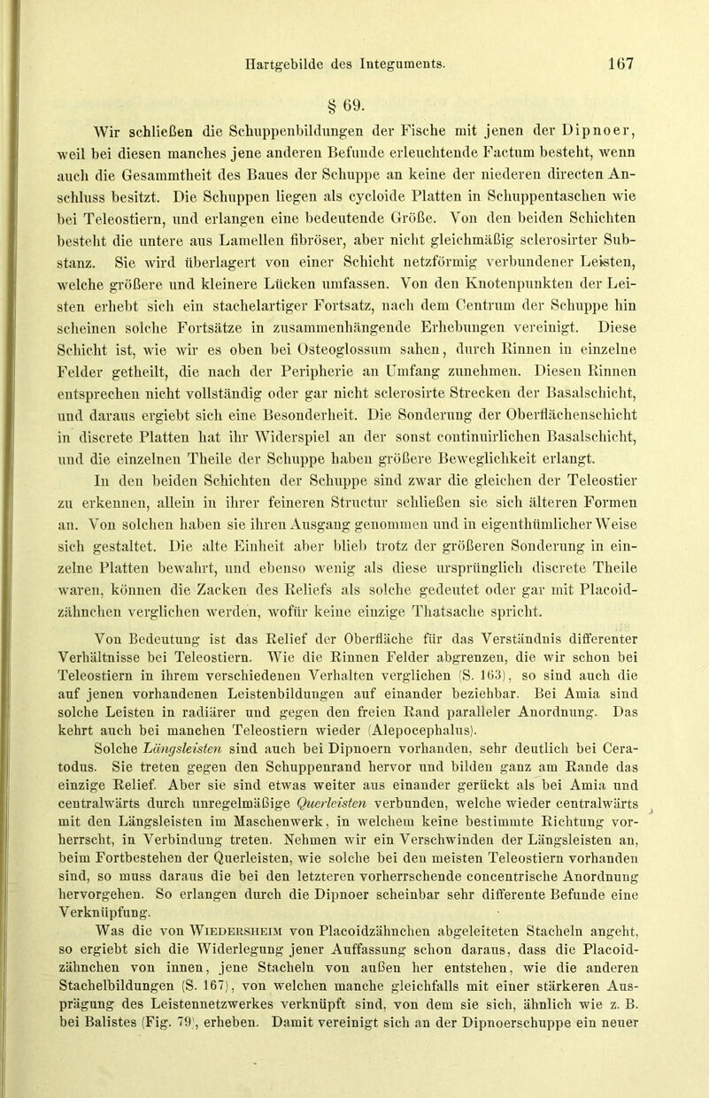 §69. Wir schließen die Schuppenbildungen der Fische mit jenen der Dipnoer, weil bei diesen manches jene anderen Befunde erleuchtende Factum besteht, wenn auch die Gesammtheit des Baues der Schuppe an keine der niederen directen An- schluss besitzt. Die Schuppen liegen als cycloide Platten in Schuppentaschen wie bei Teleostiern, und erlangen eine bedeutende Größe. Von den beiden Schichten besteht die untere aus Lamellen fibröser, aber nicht gleichmäßig sclerosirter Sub- stanz. Sie wird überlagert von einer Schicht netzförmig verbundener Leisten, welche größere und kleinere Lücken umfassen. Von den Knotenpunkten der Lei- sten erhebt sich ein stachelartiger Fortsatz, nach dem Centrum der Schuppe hin scheinen solche Fortsätze in zusammenhängende Erhebungen vereinigt. Diese Schicht ist, wie wir es oben bei Üsteoglossum sahen, durch Binnen in einzelne Felder getheilt, die nach der Peripherie an Umfang zunehmen. Diesen Rinnen entsprechen nicht vollständig oder gar nicht sclerosirte Strecken der Basalschicht, und daraus ergiebt sich eine Besonderheit. Die Sonderung der Oberflächenschicht in discrete Platten hat ihr Widerspiel an der sonst continuirlichen Basalschicht, und die einzelnen Theile der Schuppe haben größere Beweglichkeit erlangt. In den beiden Schichten der Schuppe sind zwar die gleichen der Teleostier zu erkennen, allein in ihrer feineren Structur schließen sie sich älteren Formen an. Von solchen haben sie ihren Ausgang genommen und in eigenthiimlicher Weise sich gestaltet. Die alte Einheit aber blieb trotz der größeren Sonderung in ein- zelne Platten bewahrt, und ebenso wenig als diese ursprünglich discrete Theile waren, können die Zacken des Reliefs als solche gedeutet oder gar mit Placoid- zähnchen verglichen werden, wofür keine einzige Thatsache spricht. Von Bedeutung ist das Relief der Oberfläche für das Verständnis differenter Verhältnisse bei Teleostiern. Wie die Rinnen Felder abgrenzen, die wir schon bei Teleostiern in ihrem verschiedenen Verhalten verglichen (S. 163), so sind auch die auf jenen vorhandenen Leistenbildungen auf einander beziehbar. Bei Amia sind solche Leisten in radiärer und gegen den freien Rand paralleler Anordnung. Das kehrt auch bei manchen Teleostiern wieder (Alepocephalus). Solche Längsleisten sind auch bei Dipnoern vorhanden, sehr deutlich bei Cera- todus. Sie treten gegen den Schuppenrand hervor und bilden ganz am Rande das einzige Relief. Aber sie sind etwas weiter aus einander gerückt als bei Amia und centralwärts durch unregelmäßige Querleisten verbunden, welche wieder centralwärts mit den Längsleisten im Maschenwerk, in welchem keine bestimmte Richtung vor- herrscht, in Verbindung treten. Nehmen wir ein Verschwinden der Längsleisten an, beim Fortbestehen der Querleisten, wie solche bei den meisten Teleostiern vorhanden sind, so muss daraus die bei den letzteren vorherrschende concentrische Anordnung hervorgehen. So erlangen durch die Dipnoer scheinbar sehr differente Befunde eine Verknüpfung. Was die von Wiedersheim von Placoidzähnchen abgeleiteten Stacheln angeht, so ergiebt sich die Widerlegung jener Auffassung schon daraus, dass die Placoid- zähnchen von innen, jene Stacheln von außen her entstehen, wie die anderen Stachelbildungen (S. 167), von welchen manche gleichfalls mit einer stärkeren Aus- prägung des Leistennetzwerkes verknüpft sind, von dem sie sich, ähnlich wie z. B. bei Balistes (Fig. 79), erheben. Damit vereinigt sich an der Dipnoerschuppe ein neuer