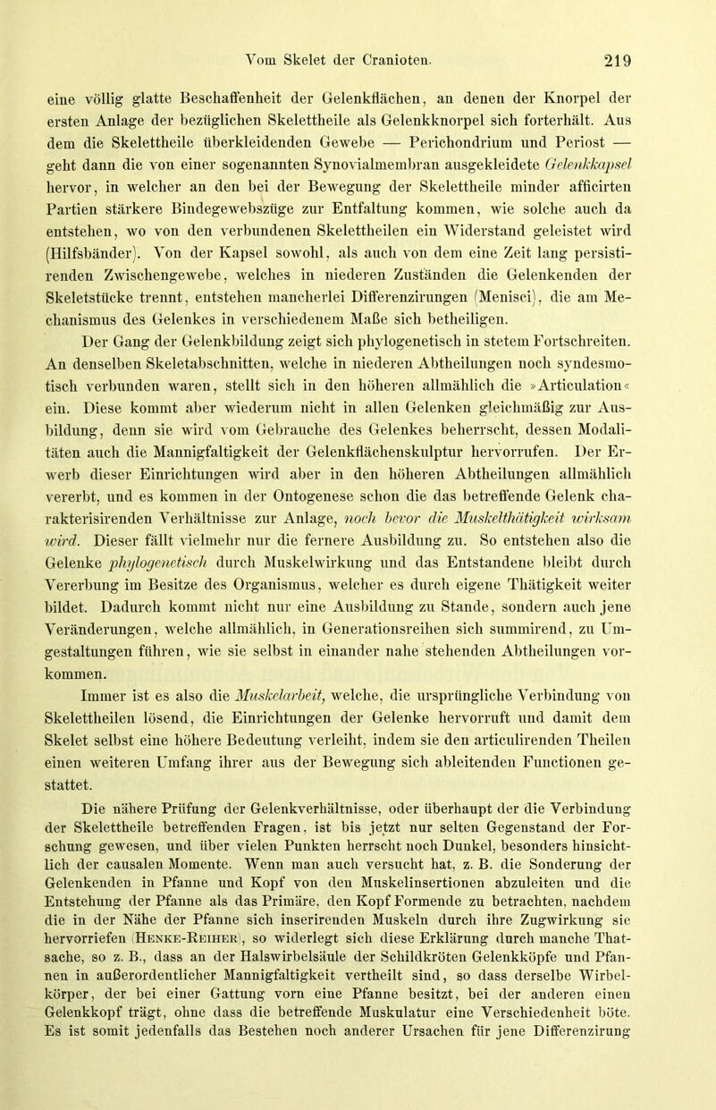 eiue völlig glatte Beschaffenheit der Gelenkflächen, an denen der Knorpel der ersten Anlage der bezüglichen Skelettheile als Gelenkknorpel sich forterhält. Ans dem die Skelettheile überkleidenden Gewebe — Perichondrium und Periost — geht dann die von einer sogenannten Synovialmembran ausgekleidete Gelenkkapsel hervor, in welcher an den bei der Bewegung der Skelettheile minder afficirten Partien stärkere Bindegewebszüge zur Entfaltung kommen, wie solche auch da entstehen, wo von den verbundenen Skelettheilen ein Widerstand geleistet wird (Hilfsbänder). Von der Kapsel sowohl, als auch von dem eine Zeit lang persisti- renden Zwischengewebe, welches in niederen Zuständen die Gelenkenden der Skeletstitcke trennt, entstehen mancherlei Differenzirungen (Menisci), die am Me- chanismus des Gelenkes in verschiedenem Maße sich betheiligen. Der Gang der Gelenkbildung zeigt sich phylogenetisch in stetem Fortschreiten. An denselben Skeletabschnitten, welche in niederen Abtheilungen noch syndesmo- tisch verbunden waren, stellt sicli in den höheren allmählich die »Articulation« ein. Diese kommt aber wiederum nicht in allen Gelenken gleichmäßig zur Aus- bildung, denn sie wird vom Gebrauche des Gelenkes beherrscht, dessen Modali- täten auch die Mannigfaltigkeit der Gelenkflächenskulptur hervorrufen. Der Er- werb dieser Einrichtungen wird aber in den höheren Abtheilungen allmählich vererbt, und es kommen in der Ontogenese schon die das betreffende Gelenk cha- rakterisirenden Verhältnisse zur Anlage, noch bevor die Muskelthätigkeit wirksam wird. Dieser fällt vielmehr nur die fernere Ausbildung zu. So entstehen also die Gelenke phylogenetisch durch Muskelwirkung und das Entstandene bleibt durch Vererbung im Besitze des Organismus, welcher es durch eigene Thätigkeit weiter bildet. Dadurch kommt nicht nur eine Ausbildung zu Stande, sondern auch jene Veränderungen, welche allmählich, in Generationsreihen sich summirend, zu Um- gestaltungen führen, wie sie selbst in einander nahe stehenden Abtheilungen Vor- kommen. Immer ist es also die Muskelarbeit, welche, die ursprüngliche Verbindung von Skelettheilen lösend, die Einrichtungen der Gelenke hervorruft und damit dem Skelet selbst eine höhere Bedeutung verleiht, indem sie deu articulirenden Theilen einen weiteren Umfang ihrer aus der Bewegung sich ableitenden Functionen ge- stattet. Die nähere Prüfung der Gelenkverhältnisse, oder überhaupt der die Verbindung der Skelettheile betreffenden Fragen, ist bis jetzt nur selten Gegenstand der For- schung gewesen, und über vielen Punkten herrscht noch Dunkel, besonders hinsicht- lich der causalen Momente. Wenn man auch versucht hat, z. B. die Sonderung der Gelenkenden in Pfanne und Kopf von den Mnskelinsertionen abzuleiten und die Entstehung der Pfanne als das Primäre, den Kopf Formende zu betrachten, nachdem die in der Nähe der Pfanne sich inserirenden Muskeln durch ihre Zugwirkung sie hervorriefen (Henke-Reiher , so widerlegt sich diese Erklärung durch manche That- sache, so z. B., dass an der Halswirbelsäule der Schildkröten Gelenkköpfe und Pfan- nen in außerordentlicher Mannigfaltigkeit vertheilt sind, so dass derselbe Wirbel- körper, der bei einer Gattung vorn eine Pfanne besitzt, bei der anderen einen Gelenkkopf trägt, ohne dass die betreffende Muskulatur eine Verschiedenheit böte. Es ist somit jedenfalls das Bestehen noch anderer Ursachen für jene Differenzirung
