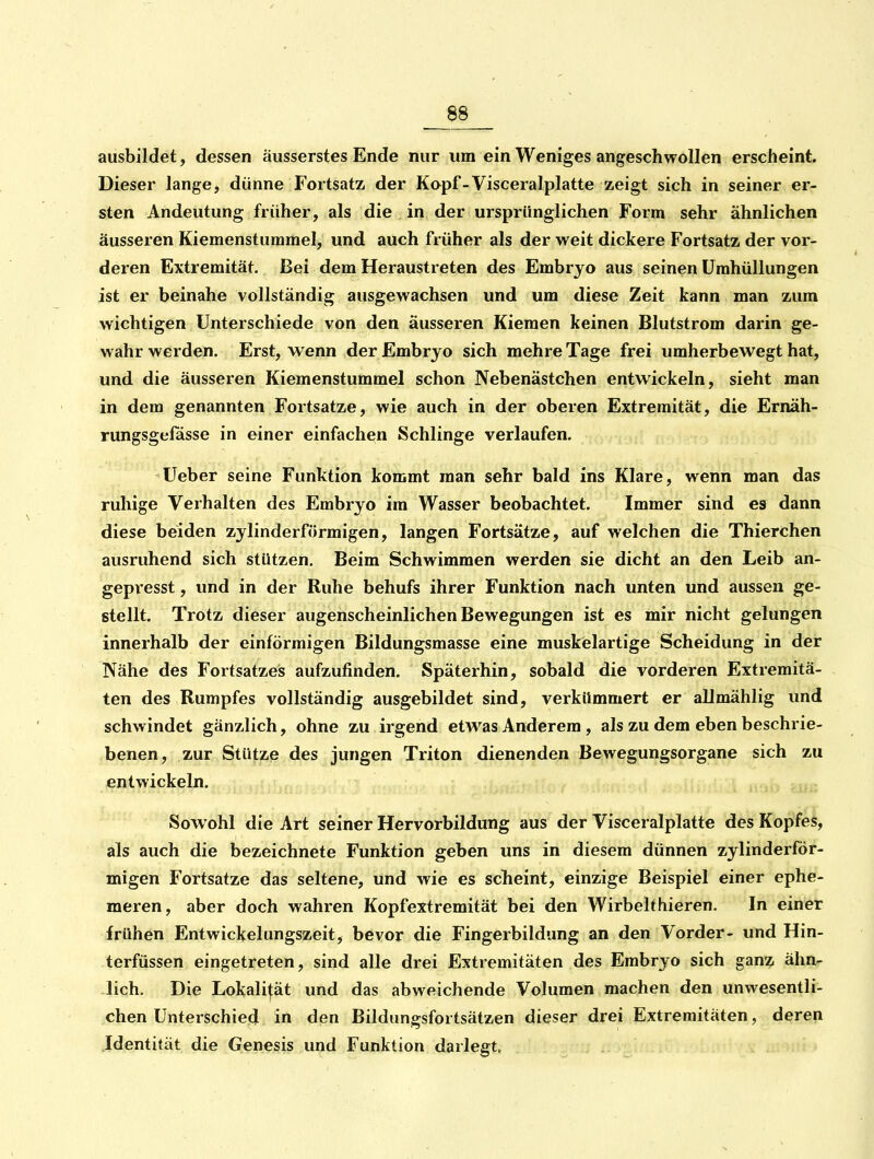 ausbildet, dessen äusserstes Ende nur um ein Weniges angeschwollen erscheint. Dieser lange, dünne Fortsatz, der Kopf-Visceralplatte zeigt sich in seiner er- sten Andeutung früher, als die in der ursprünglichen Form sehr ähnlichen äusseren Kiemenstummel, und auch früher als der weit dickere Fortsatz, der vor- deren Extremität. Bei dem Heraustreten des Embryo aus seinen Umhüllungen ist er beinahe vollständig ausgewachsen und um diese Zeit kann man zum wichtigen Unterschiede von den äusseren Kiemen keinen Blutstrom darin ge- wahr werden. Erst, wenn der Embryo sich mehre Tage frei umherbewegt hat, und die äusseren Kiemenstummel schon Nebenästchen entwickeln, sieht man in dem genannten Fortsatze, wie auch in der oberen Extremität, die Ernäh- rungsgefässe in einer einfachen Schlinge verlaufen. Ueber seine Funktion kommt man sehr bald ins Klare, wenn man das ruhige Verhalten des Embryo im Wasser beobachtet. Immer sind es dann diese beiden zylinderförmigen, langen Fortsätze, auf welchen die Thierchen ausruhend sich stützen. Beim Schwimmen werden sie dicht an den Leib an- gepresst, und in der Ruhe behufs ihrer Funktion nach unten und aussen ge- stellt. Trotz dieser augenscheinlichen Bewegungen ist es mir nicht gelungen innerhalb der einförmigen Bildungsmasse eine muskelartige Scheidung in der Nähe des Fortsatzes aufzufinden. Späterhin, sobald die vorderen Extremitä- ten des Rumpfes vollständig ausgebildet sind, verkümmert er allmählig und schwindet gänzlich, ohne zu irgend etwas Anderem , als zu dem eben beschrie- benen, zur Stütze des jungen Triton dienenden Bewegungsorgane sich zu entwickeln. Sowohl die Art seiner Hervorbildung aus der Visceralplatte des Kopfes, als auch die bezeichnete Funktion geben uns in diesem dünnen zylinderför- migen Fortsatze das seltene, und wie es scheint, einzige Beispiel einer ephe- meren, aber doch wahren Kopfextremität bei den Wirbelthieren. In einer frühen Entwickelungszeit, bevor die Fingerbildung an den Vorder- und Hin- terfüssen eingetreten, sind alle drei Extremitäten des Embryo sich ganz ähn- lich. Die Lokalität und das abweichende Volumen machen den unwesentli- chen Unterschied in den Bildungsfortsätzen dieser drei Extremitäten, deren Identität die Genesis , upd Funktion darlegt,