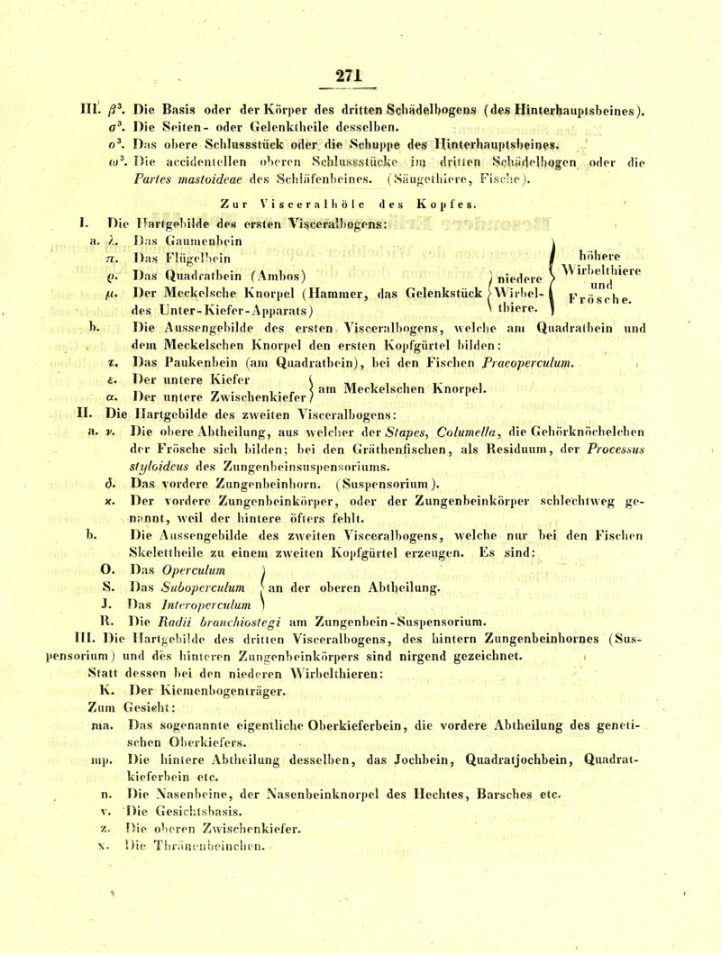 III. ß^. Die Basis oder der Körper des dritten Schädelbogens (des Hinterhauptsbeines). a^. Die Seiten- oder Gelenktheile desselben. n^. Das obere Schlussstück oder, die Schuppe df'S Hinterhauptsbeines. ' Die accidenlcllen oboron Scbhissstücke im dritten Schäd^lbogcn oder die Partes mastoideae dos Schläfenbeines. (Säiigoihiore, Fis<;Iie). Zur Visceral Ii öle des Kopfes. ' I. Die Hartgpbilde des ersten Vi^ceralbogens: , gl. j^/., Das Gaumenbein ^ , „ \ TT. Das Fliigolbein - J höhere Q. Das Quadratbein f Ambos) ) niedere > ''jl^^jl^!« (.1. Der Meckelsche Knorpel (Hammer, das Gelenkstück >Wirhel-i Frösche ' des Unter-Kiefer-Apparats) ^ thiere. ) b. Die Aussengebilde des ersten Visceralbogens, welche am Quadralbein und dem Meckelschen Knorpel den ersten Kopfgürtel bilden: 7 z. Das Paukenbein (am Qiiadratbein), bei den Fischen Praeoperculum. i t. Der untere Kiefer ( i»» i i i t- i ,^ r, . , 1 . o s am Meckelschen Knorpel. a. IJer unlere Zwischenkiefer/ II. Die Ilartgebilde des zweiten Visceralbogens: a. V. Die obere Abtheilung, aus welcher Ac^v Stapes, Columella, die Gehörknöchelchen der Frösche sich bilden; bei den Gräthenfischen, als Residuum, der Processua styloideiis des Zungenbeinsuspensoriums. (J. Das vordere Zungenbeinhorn. (Suspensorium). X. Der vordere Zungenbeinkörper, oder der Zungenbeinkörper schlechtweg ge- nannt, weil der hintere öfJers fehlt. b. Die Aussengebilde des zweiten Viscei'albogens, welche nur bei den Fischen Skelettheile zu einem zweiten Kopfgürtel erzeugen. Es sind; O. Das Operculum )  ■rir i r,, S. Das Suboperculum an der oberen Abtheilung. J. Das Intcroperculum ) R. Die Radii branchiostegi am Zungenbein-Suspensorium. HI. Die Ilartgebilde des dritten Visceralbogens, des hintern Zungenbeinhornes (Sus- pensorium ) und des binleren Zungenbeinkörpers sind nirgend gezeichnet. i Statt dessen bei den niederen Wirbelthieren: K. Der Kiemenbogenträger. Zum Gesieht: ma. Das sogenannte eigentliche Oberkieferbein, die vordere Abtheilung des geneti-, sehen Oberkiefers. Die hintere Abtheilung desselben, das Jochbein, Quadratjochbein, Quadrat- kieferbein etc. ...-V'.. n. Die Nasenbeine, der Nasenbeinknorpel des Hechtes, Barsches etc. V. Die Gesichlsbasis. z. Die oberen Zwischenkiefer. \. Die Tbnint'uheincliei).