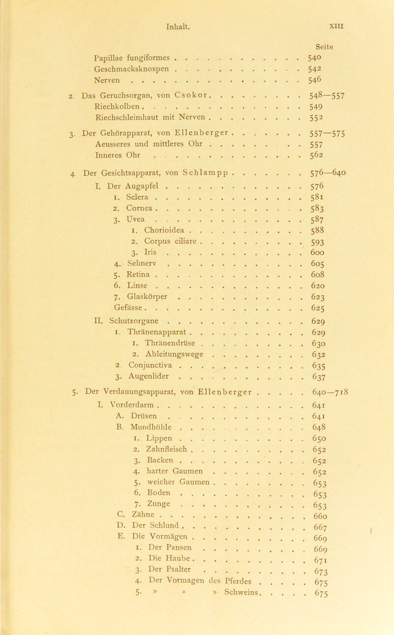 Seite Papillae fungiformes 54° Geschmacksknospen 542 Nerven 546 2. Das Geruchsorgan, von Csokor 54^—557 Riechkolben 549 Riechschleimhaut mit Nerven 552 3. Der Gehorapparat, von Ellenberger 557—575 Aeusseres und mittleres Ohr . . 5 S 7 Innercs Ohr 562 4 Der Gesichtsapparat, von Schlampp 576—640 I. Der Augapfel 576 1. Sclera 581 2. Cornea 583 3. Uvea 587 1. Chorioidea 588 2. Corpus ciliare 593 3. Iris 600 4. Sehnerv 605 5. Retina 608 6. Linse 620 7. Glaskorper 623 Gefiisse 625 II. Schutzorgane 629 I. Thranenapparat 629 1. Thranendruse 630 2. Ableitungswege 632 2 Conjunctiva 635 3. Augenlider 637 5. Der Verdauungsapparat, von Ellenberger 640—718 I. Vorderdarm 641 A. Drlisen 641 B. Mundhohle .... 648 1. Lippen 650 2. Zahnfleisch 652 3. Backen 652 4. harter Gaumen 652 5. weicher Gaumen 653 6. Boden 653 7- Zunge 653 C. Zahne 660 D. Der Schlund 667 E. Die Vormagen 669 1. Der Pansen 669 2. Die Haube 3. Der Psalter 673 4. Der Vormagen des Pferdes 675 5- » 3 » Schweins 675 I