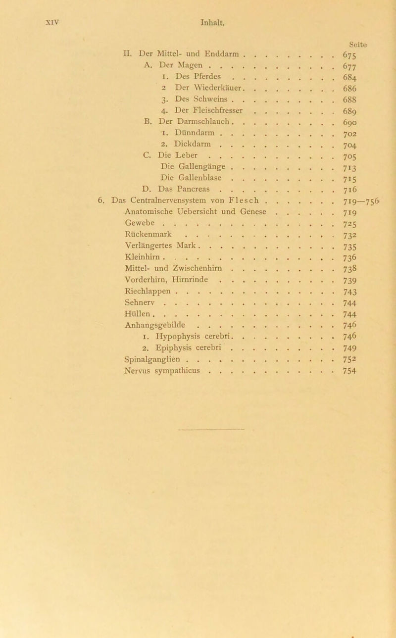 Seite II. Der Mittel- und Enddarm 675 A. Der Magen 677 1. Des Pferdes 684 2 Der Wiederkauer 686 3. Des Schweins 688 4. Der Fleischfresser 689 B. Der Darmschlauch 690 1. Dtinndarm 702 2. Dickdarra 704 C. Die Leber 705 Die Gallengange 713 Die Gallenblase 715 D. Das Pancreas 716 6. Das Centralnervensystem von Flesch 719—756 Anatomische Uebersicht und Genese 719 Gewebe 725 Riickenmark 732 Verliingertes Mark 735 Kleinhirn 736 Mittel- und Zwischenhirn 738 Vorderhirn, Hirnrinde 739 Riechlappen 743 Sehnerv 744 Hiillen 744 Anliangsgebilde 746 1. Hypophysis cerebri 746 2. Epiphysis cerebri 749 Spinalganglien 752 Nervus sympathicus 754