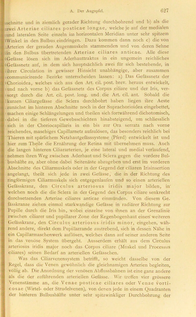 >schnitte and in ziemlich gerader Richtung durchbohrend and b) als die zwei Arte riae ciliares posticae longae, welche je auf der medialen •und lateralen Seite einzeln im horizontalen Meridian unter sehr spitzem \Winkel in den Bulbus eindringen. Dazu kommen dann noch c) die von .Arterien der geraden Augenmuskeln stammenden and von deren Sehne iin den Baibas tibertretenden Arteriae ciliares anticae. Alle diese (Gefasse losen sich im Aderhaattraktas in ein angemein reichliches (Gefassnetz aaf, in dem sich haaptsachlich zwei far sich bestehende, in iihrer Circalation in gewisser Hinsicht unabhangige, aber zasammen icommunicirende Bezirke anterscheiden lassen: a) Das Gefassnetz der (Chorioidea, welches sich aas den Art. cil. post. brev. heraas entwickelt, land nach vorne b) das Gefassnetz des Corpas ciliare and der Iris, ver- ■sorgt darch die Art. cil. post. long, and die Art. cil. ant. Sobald die Ikarzen Ciliargefasse die Sclera darchbohrt haben liegen ihre Aeste . zanachst im hinteren Abschnitte noch in der Saprachorioidea eingebettet, machen einige Schlangelangen and theilen sich fortwahrend dichotomisch, • dabei in die tieferen Gewebsschichten hinabsteigend, am schliesslich ; sich in der Choriocapillaris in ein bis zar Ora serrata nach vorne reichendes, maschiges Capillarnetz aafzalosen, das besonders reichlich bei Thieren mit sparlichem Netzhaatgefasssysteme (Pferd) entwickelt ist and hier zam Theile die Ernahrang der Retina mit iibernehmen mass. Aach die langen hinteren Ciliararterien, je eine lateral and medial verlaafend, nehmen ihren Weg zwischen Aderhaat and Sclera gegen die vordere Bul- bashalfte za, aber ohne dabei Seitenaste abzageben and erst im vorderen Abschnitte des Ciliarmnskels oder in der Gegend der ciliaren Irisinsertion angelangt, theilt sich jede in zwei Gefasse, die in der Richtung des ringformigen Ciliarmnskels sich entgegenlaafen und so einen arteriellen Gefasskranz, den Circalas arteriosus iridis major bilden, in' welchen noch die die Sclera in der Gegend des Corpas ciliare senkrecht durchsetzenden Arteriae ciliares anticae einmtinden. Von diesem Ge. fasskranze ziehen einmal starkwandige Gefasse in radiarer Richtung zur Pupille durch die Iris hin, wobei einzelne von ihnen an der Grenzlinie zwischen ciliarer and pupillarer Zone der Regenbogenhaut einen weiteren Gefasskranz, den Circulus arteriosus iridis minor, eingehen, wah- rend andere, direkt dem Pupillarrande zustrebend, sich in clessen Nahe in ein Capillarmaschenwerk auflosen, welches dann aaf seiner anderen Seite in das venose System tibergeht. Ausserdem erhalt aus dem Circulus arteriosus iridis major noch das Corpas ciliare (Muskel und Processus ciliares) seinen Bedarf an arteriellen Gefasschen. Was das Ciliarvenensystem betrifft, so weicht dasselbe von der Regel, dass die Venen gewohnlich die gleichnamigen Arterien begleiten, vdllig ab. Die Anordnung der venosen Abflassbahnen ist eine ganz andere als die der zufuhrenden arteriellen Gefasse. Wir treffen vier grossere Venenstamme an, die Venae posticae ciliares oder Venae vorti- cosae (Wirtel- oder Strurlelvenen), von denen jede in einem Qaadranten der hinteren Bulbushalfte anter sehr spitzwinkliger Durchbohrang der