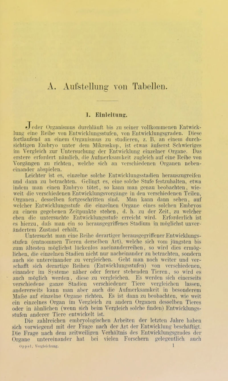 A. Aiifstelliiiiii* von Tabellen. * ' 1. Einleitung. •Teder Organismus durchläuft bis zu seiner vollkommenen Entwick- lung eine Reihe von Entwicklungsstufen, von Entwicklungsgraden. Diese fortlaufend an einem Organismus zu studieren, z. B. an einem durch- sichtigen Embryo unter dem Mikroskop, ist etwas äufserst Schwieriges im Vergleich zur Untersuchung der Entwicklung einzelner Organe. Das erstere erfordert nämlich, die Aufmerksamkeit zugleich auf eine Reihe von Vorgängen zu richten, welche sich an verschiedenen Organen neben- einander abspielen. Leichter ist es, einzelne solche Entwicklungsstadien herauszugreifen und dann zu betrachten. Gelingt es, eine solche Stufe festzuhalten, etw'a indem man einen Embryo tötet, so kann man genau beobachten, wie- weit die verschiedenen Entwicklungsvorgänge in den verschiedenen Teilen, Organen, desselben fortgeschritten sind. Man kann dann sehen, auf welcher Entwicklungsstufe die einzelnen Organe eines solchen Embryos zu einem gegebenen Zeitpunkte stehen, d. h. zu der Zeit, zu w^elcher eben die untersuchte Entwicklungsstufe erreicht wird. Erforderlich ist es hierzu, dafs man ein so herausgegritfenes Stadium in möglichst unver- ändertem Zustand erhält. Untersucht man eine Reihe derartiger herausgegriffener Entwicklungs- stufen (entnommen Tieren derselben Art), welche sich vom jüngsten bis zum ältesten möglichst lückenlos aneinanderreihen, so wird dies ermög- lichen, die einzelnen Stadien nicht nur nacheinander zu betrachten, sondern auch sie untereinander zu vergleichen. Geht man noch weiter und ver- schafft sich derartige Reihen (Entwicklungsstufen) von verschiedenen, einander im Systeme näher oder ferner stehenden Tieren, so wird es auch möglich werden, diese zu vergleichen. Es werden sich einerseits verschiedene ganze Stadien verschiedener Tiere vergleichen lassen, andererseits kann man aber auch die Aufmerksamkeit in besonderem Mafse auf einzelne Organe richten. Es ist dann zu beobachten, wie weit ein einzelnes Organ im Vergleich zu andern Organen desselben Tieres oder in ähnlichen (wenn sich beim Vergleich solche finden) Entwicklungs- stufen anderer Tiere entwickelt ist. Die zahlreichen embryologischen Arbeiten der letzten Jahre haben sich vorwiegend mit der Frage nach der Art der Entwicklung beschäftigt. Die Frage nach dem zeitweiligen Verhältnis des Entwicklungsgrades der Organe untereinander hat bei vielen Forschern gelegentlich auch